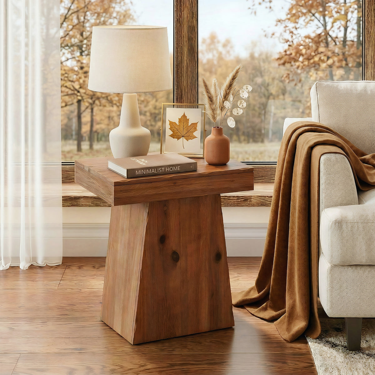 Tavolino Laterale Rustico in Legno Massello con Base Trapezoidale, 60 cm, per Soggiorno
