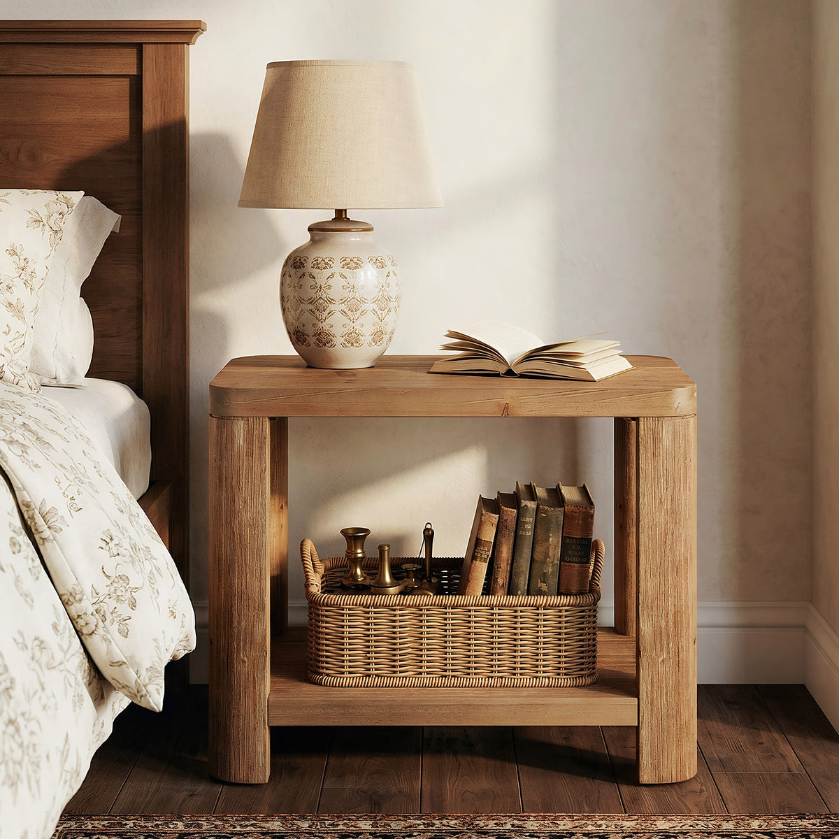 Tavolino Laterale Country in Legno Massello a 2 Ripiani, 70 cm, per Camera da Letto
