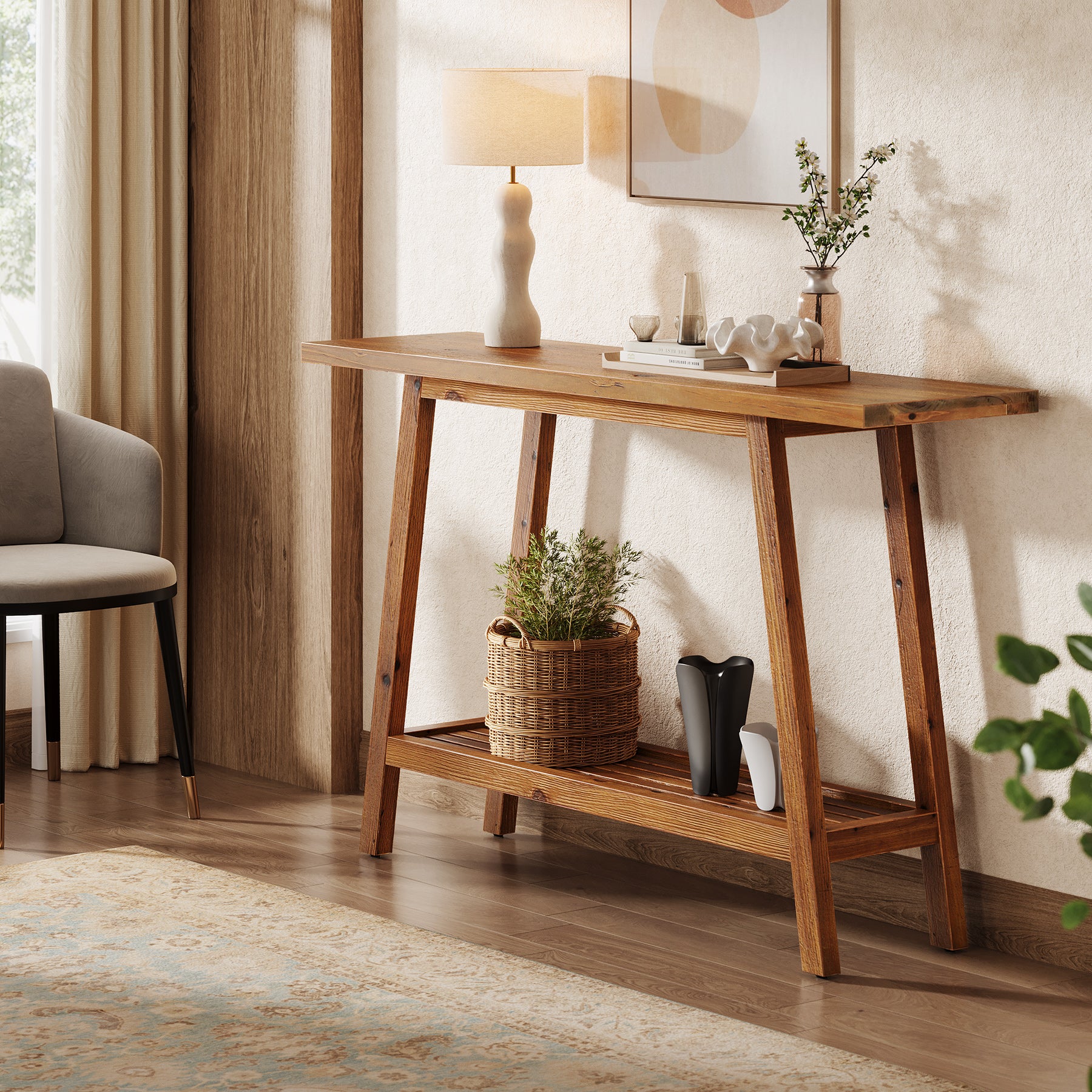 Consolle Country in Legno Massello con Ripiano, 105 cm, per Ingresso e Soggiorno