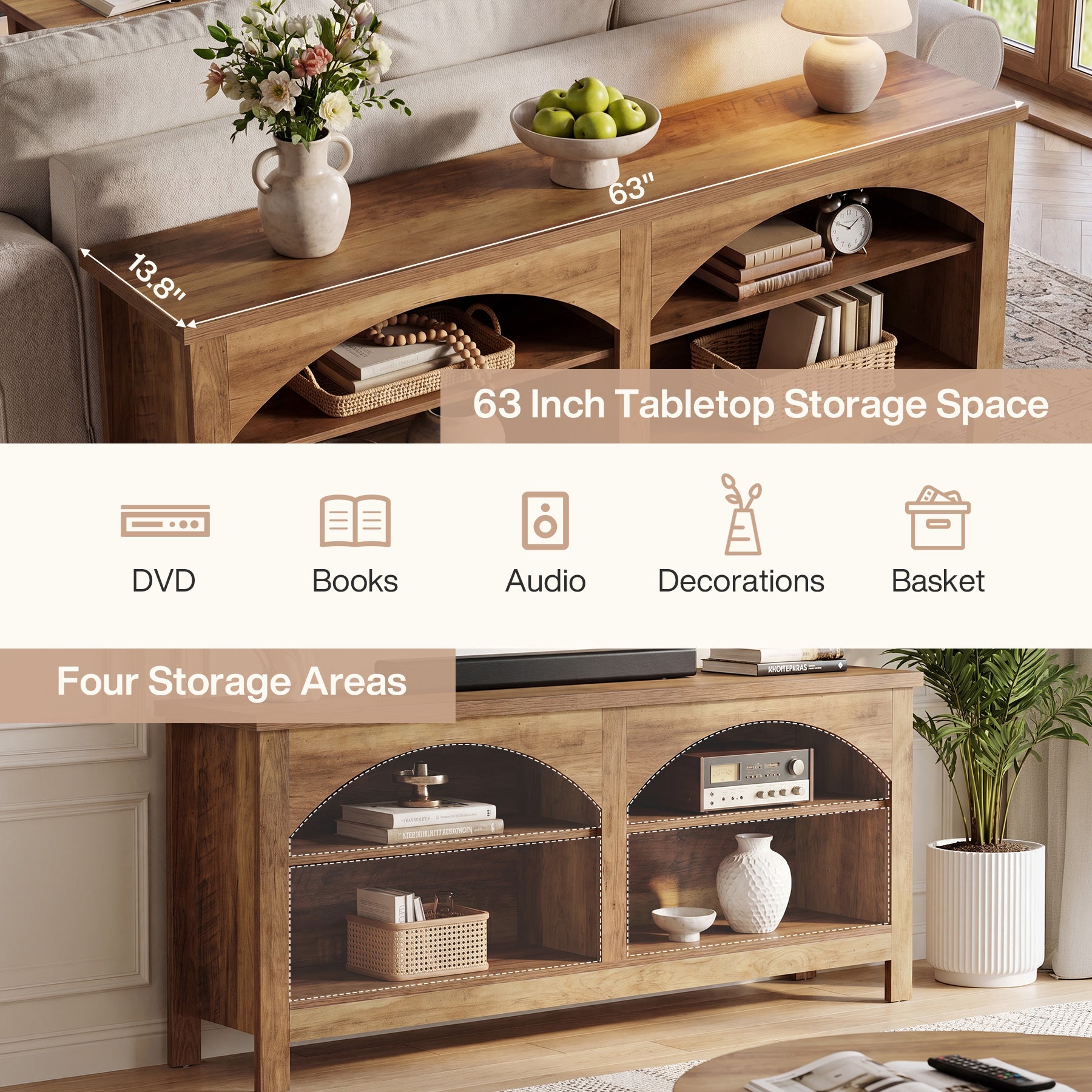 Tribesigns Mobile porta TV da 160 cm, sistema di intrattenimento in stile country con ripiano a 2 livelli