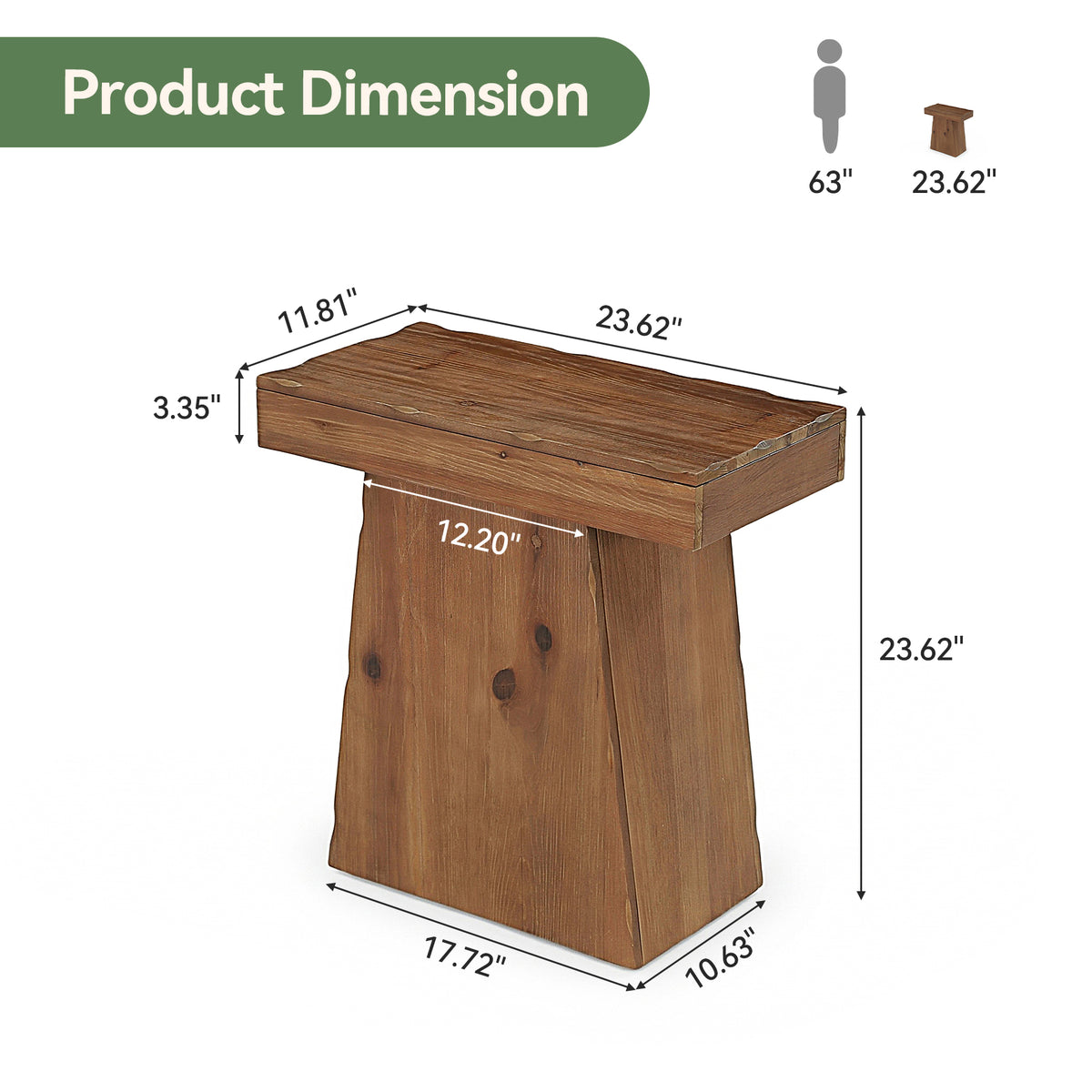 Tavolino Laterale Rustico in Legno Massello con Base Trapezoidale, 60 cm, per Soggiorno