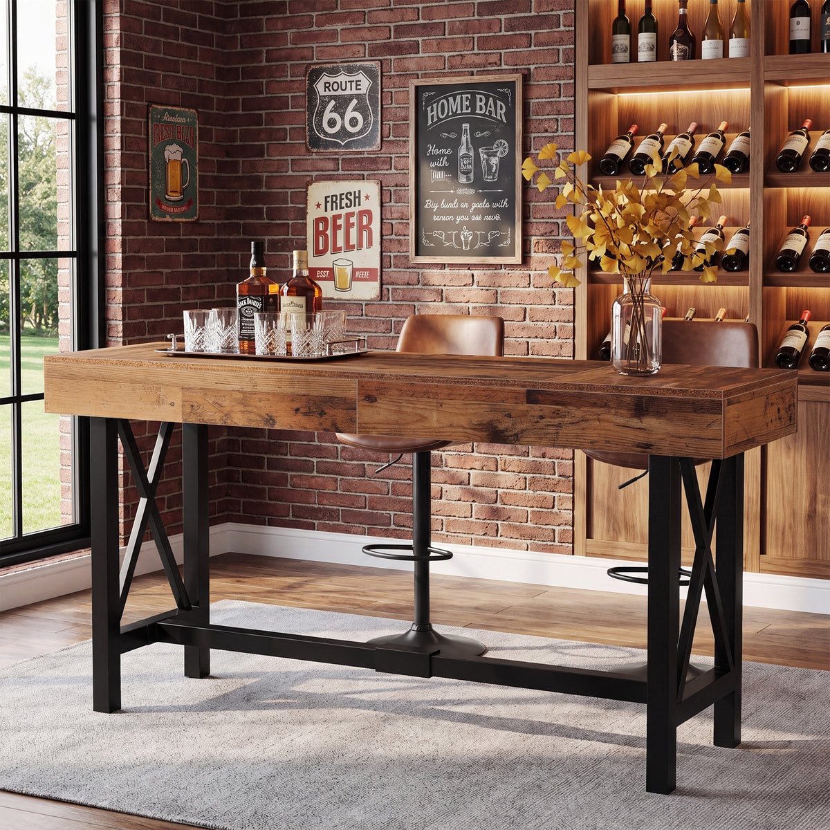 Tavolo da Bar Rettangolare Industriale con Poggiapiedi in Metallo, 180 cm