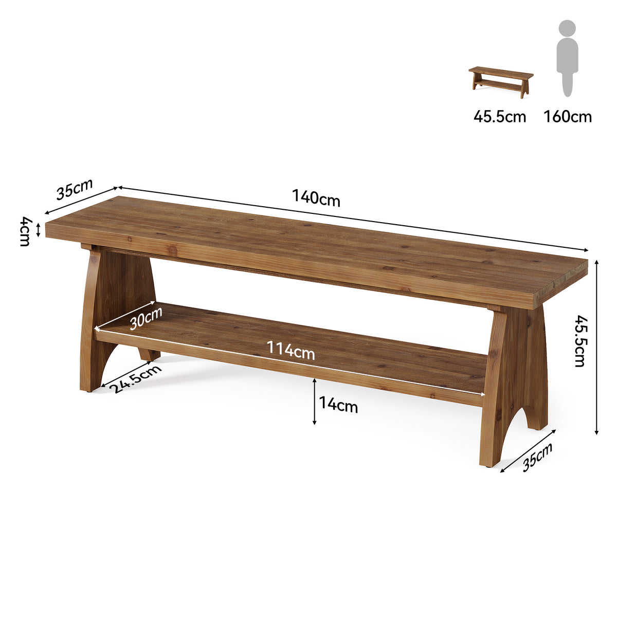 Panca Country in Legno Massello con Ripiano Portascarpe Aperto, 140 cm, per Ingresso