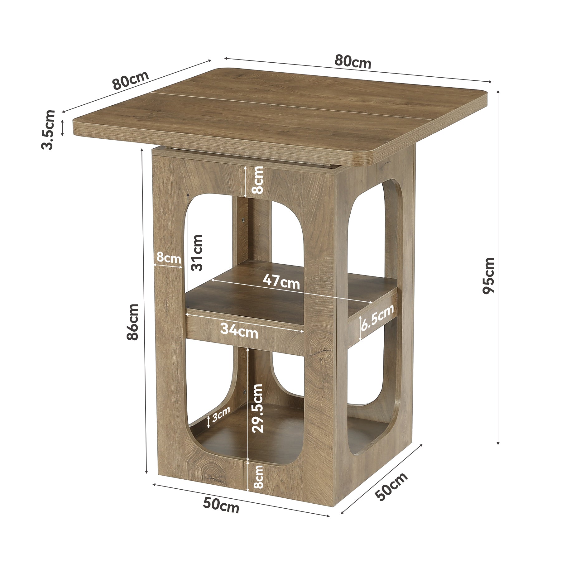 Tavolo da Bar Alto Quadrato a 3 Ripiani, 80 x 80 cm, per Cucina e Piccoli Spazi