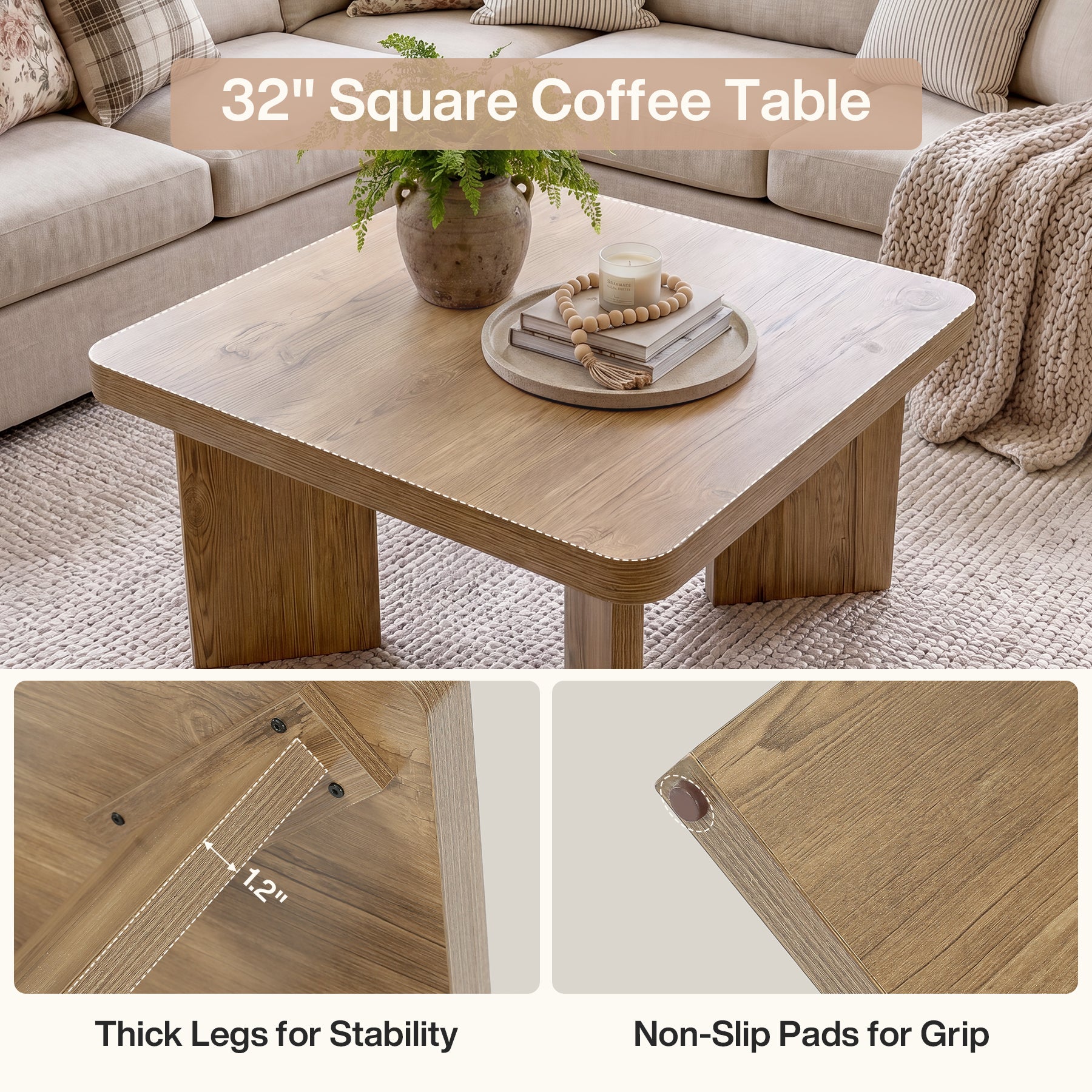 Tribesigns Tavolino da caffè in legno da 80 cm, piccolo tavolino laterale in stile rustico con gambe robuste