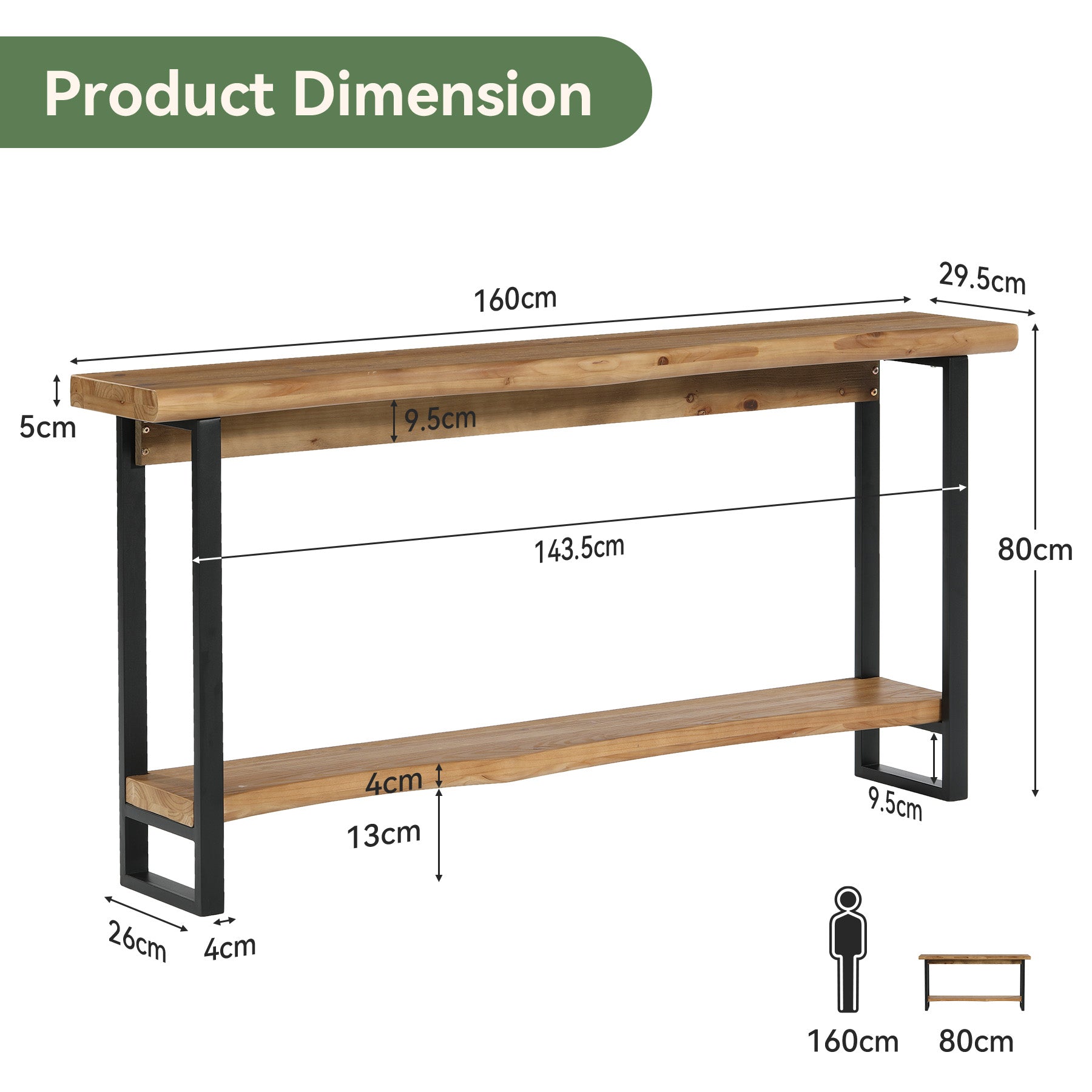 Tribesigns Tavolo consolle da 160 cm, Tavolino da divano in legno massiccio a 2 livelli