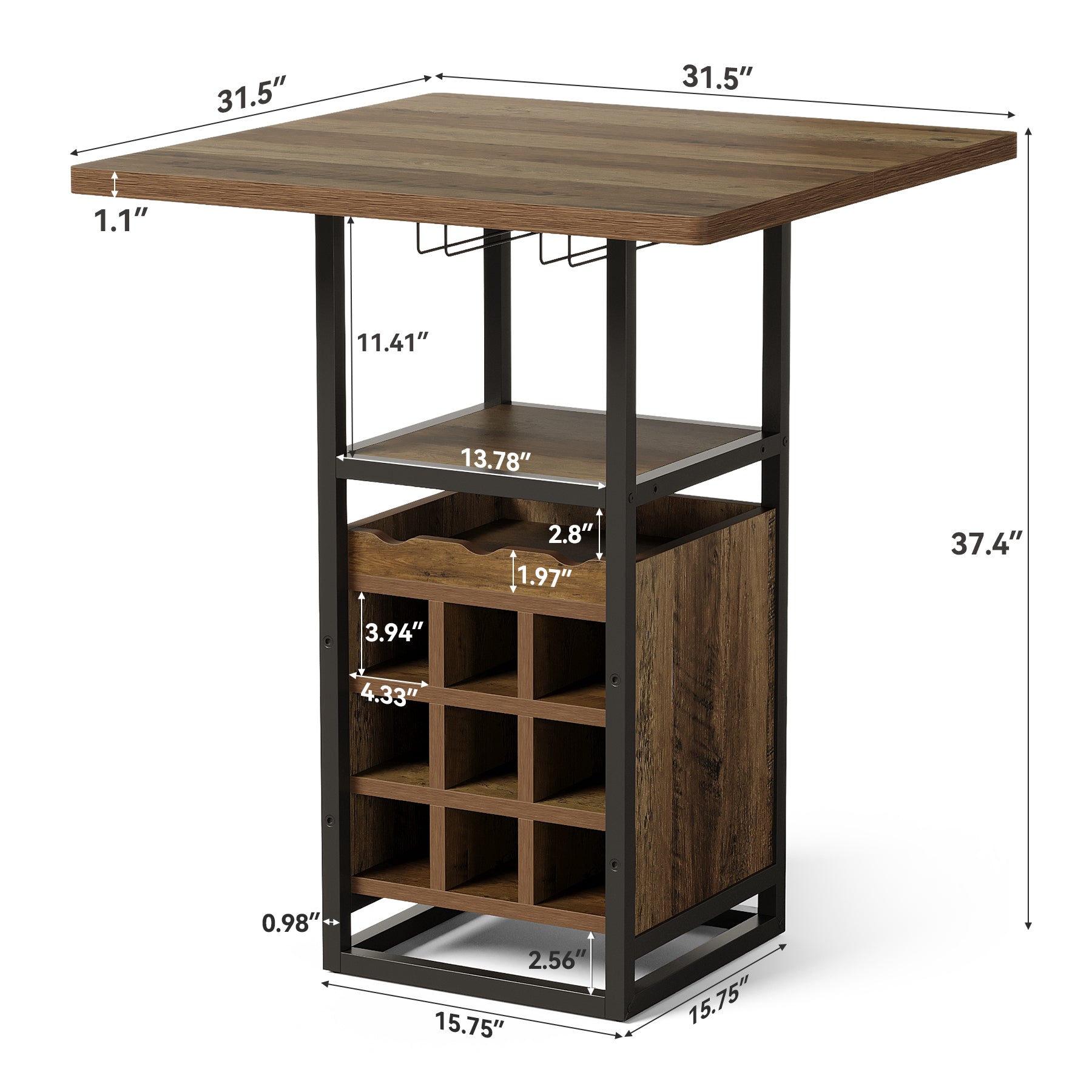 Tribesigns Tavolo Quadrato da Bar 95 cm, Tavolino da Cocktail in Legno con Portabicchieri