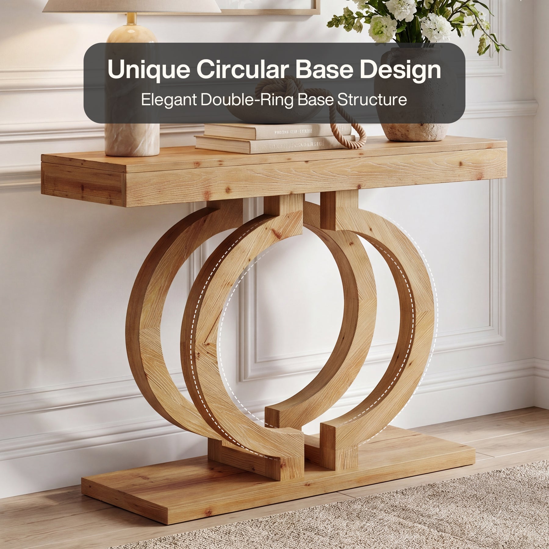 Tribesigns Consolle in legno massello da 110 cm, tavolo da corridoio con elegante base a doppio cerchio