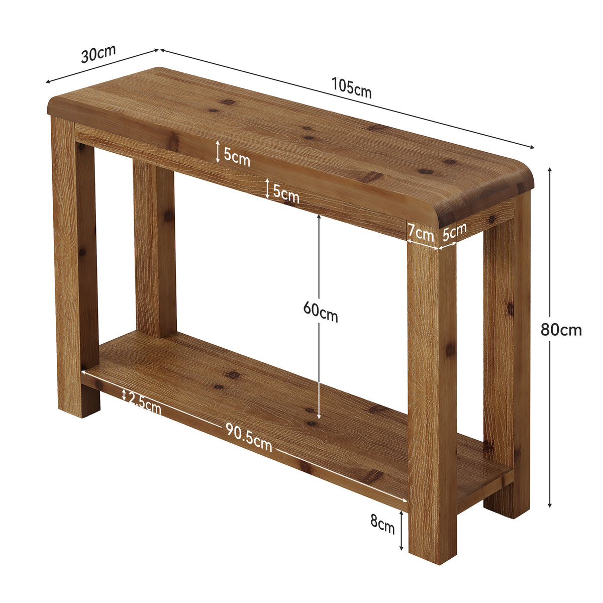 Consolle Country in Legno Massello con Ripiano Aperto, 105 cm, per Ingresso e Soggiorno