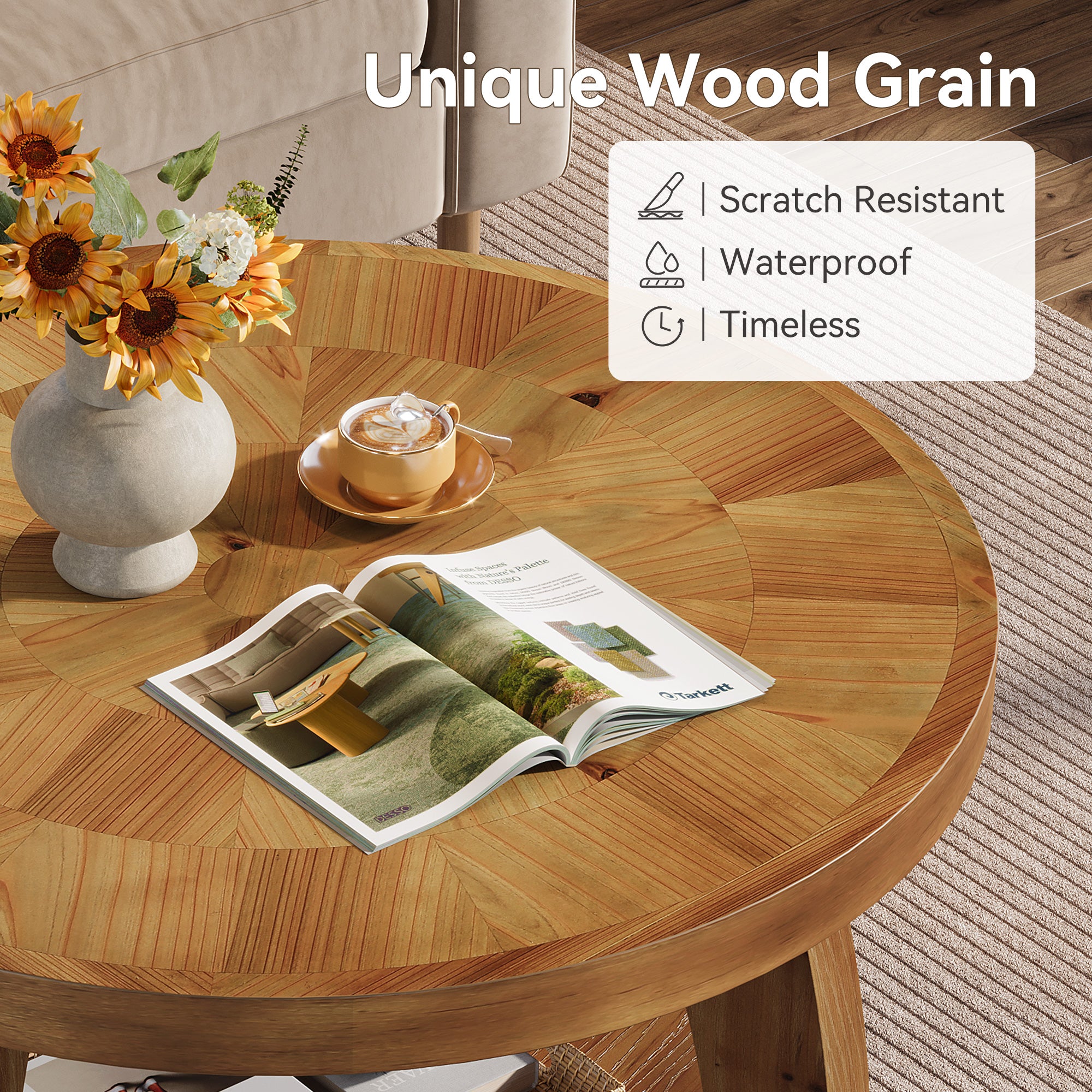 Tribesigns Tavolino da caffè rotondo in legno massello da 80 cm, tavolino a due livelli
