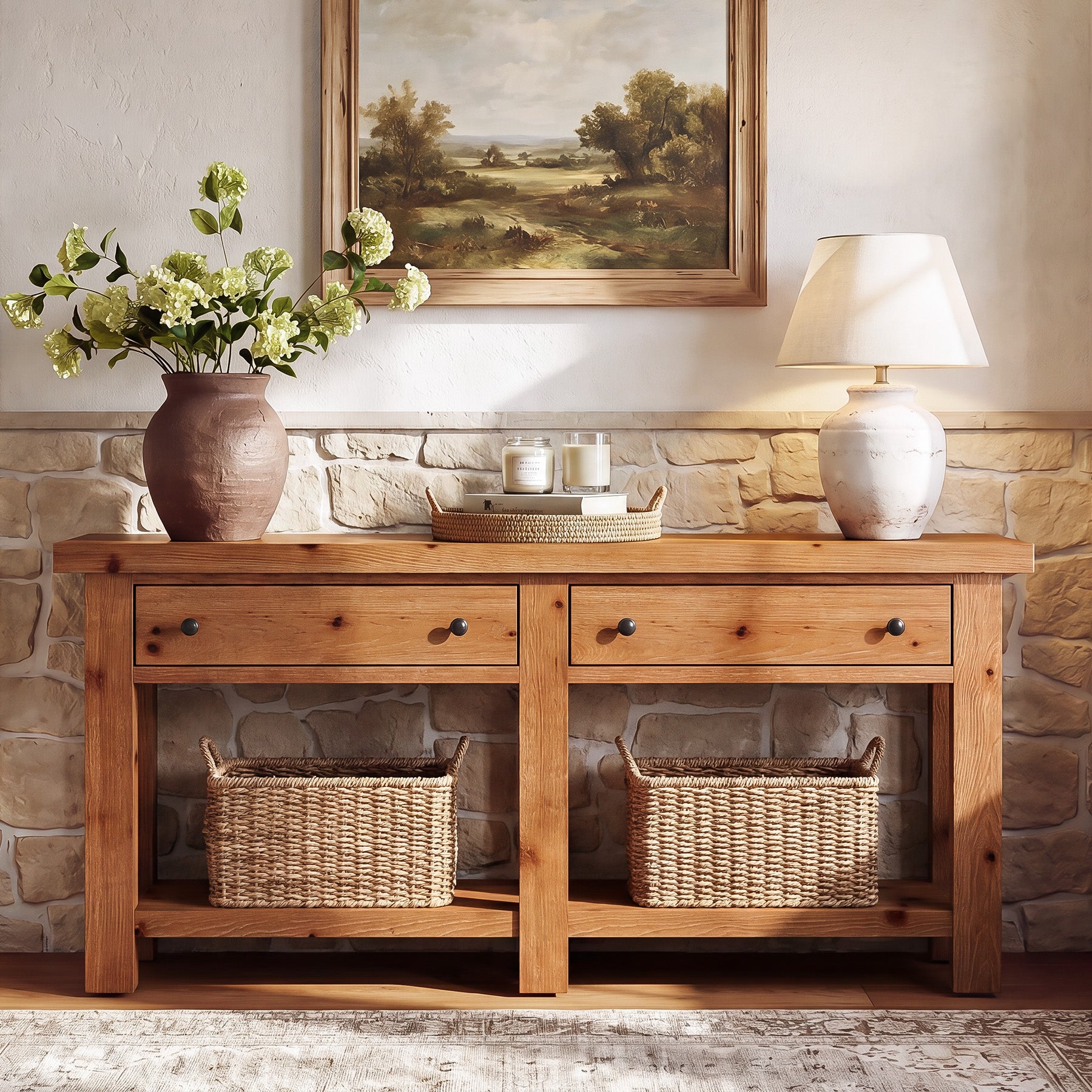 Consolle Country in Legno Massello con 2 Cassetti e Ripiano, 160 cm, per Ingresso e Soggiorno