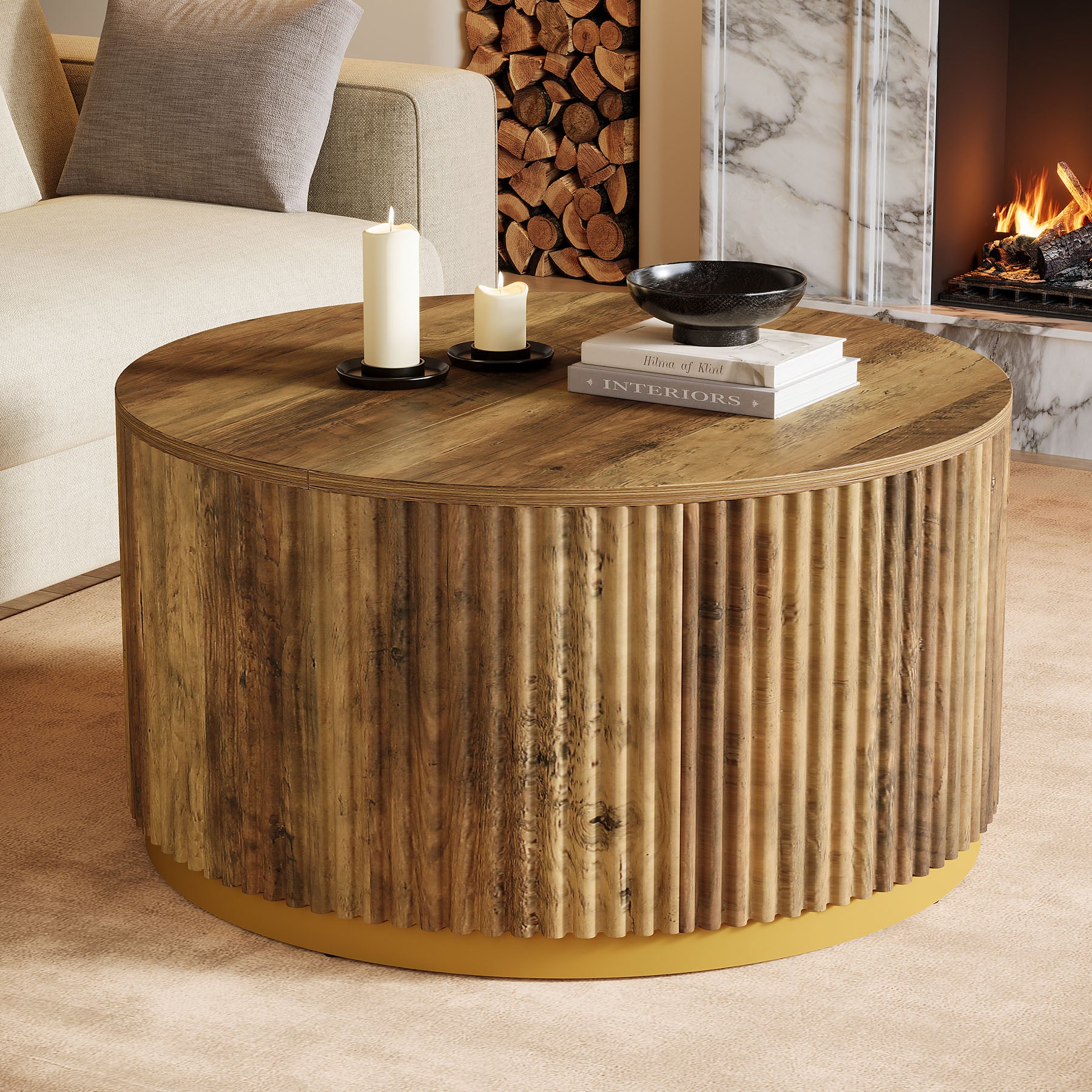 Tribesigns Tavolino rotondo da 80 cm, tavolino centrale in legno scanalato per soggiorno