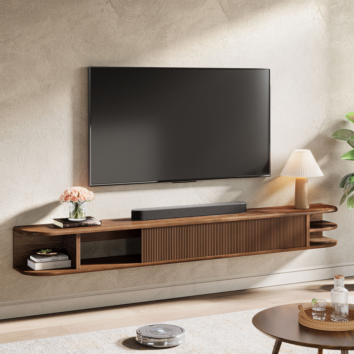 Mobile TV Sospeso in Legno Massello con Ante Scanalate, 180 cm, per TV fino a 90"