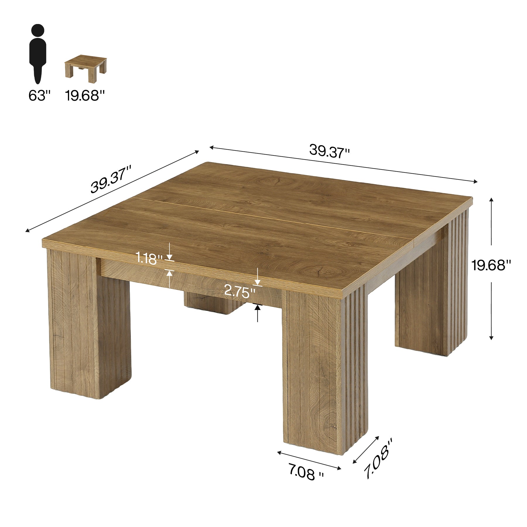 Tribesigns Tavolino quadrato da 100 cm, tavolino centrale in stile rustico con gambe scanalate
