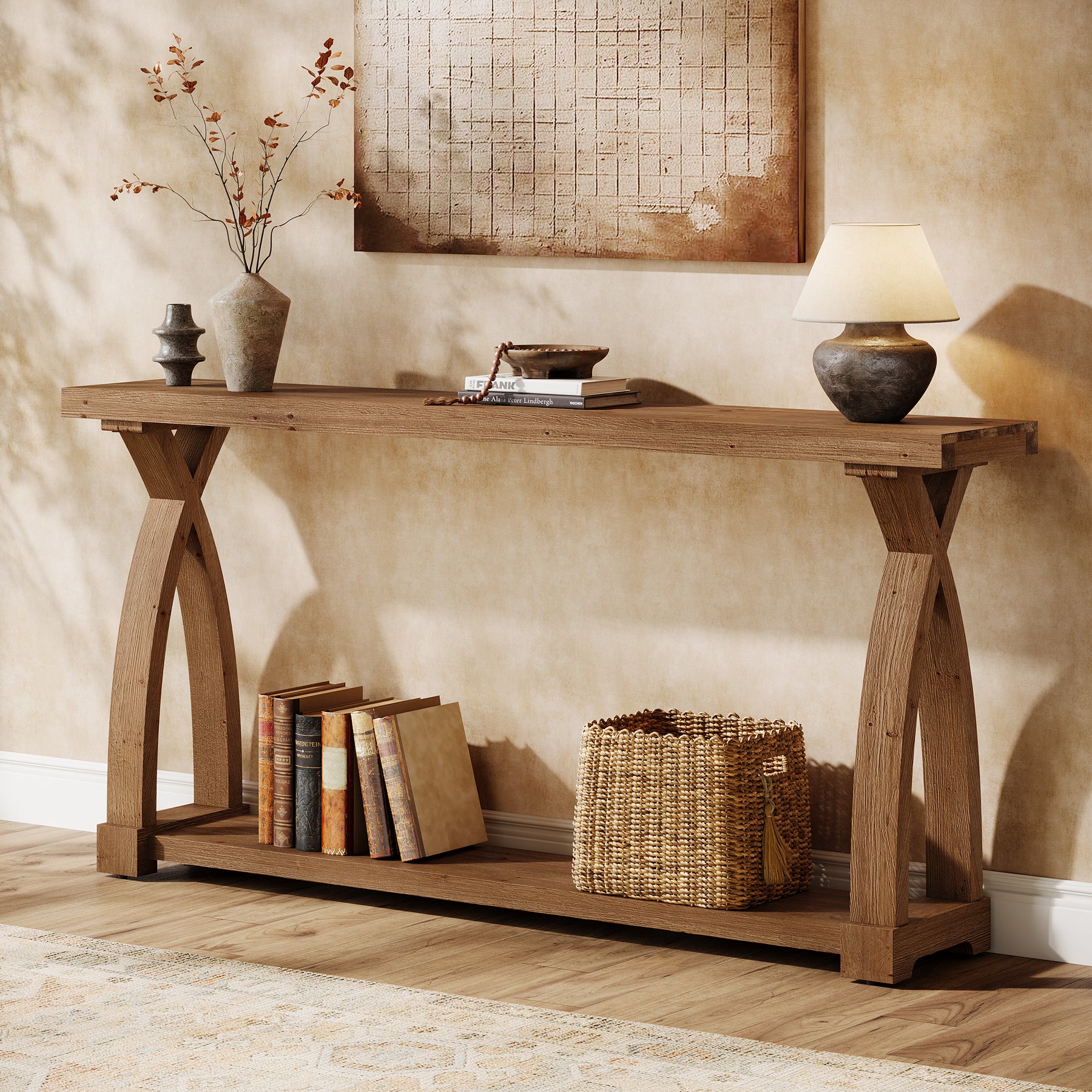 Consolle Stretta in Legno Massello a 2 Ripiani, 160 x 30 cm, per Soggiorno e Ingresso