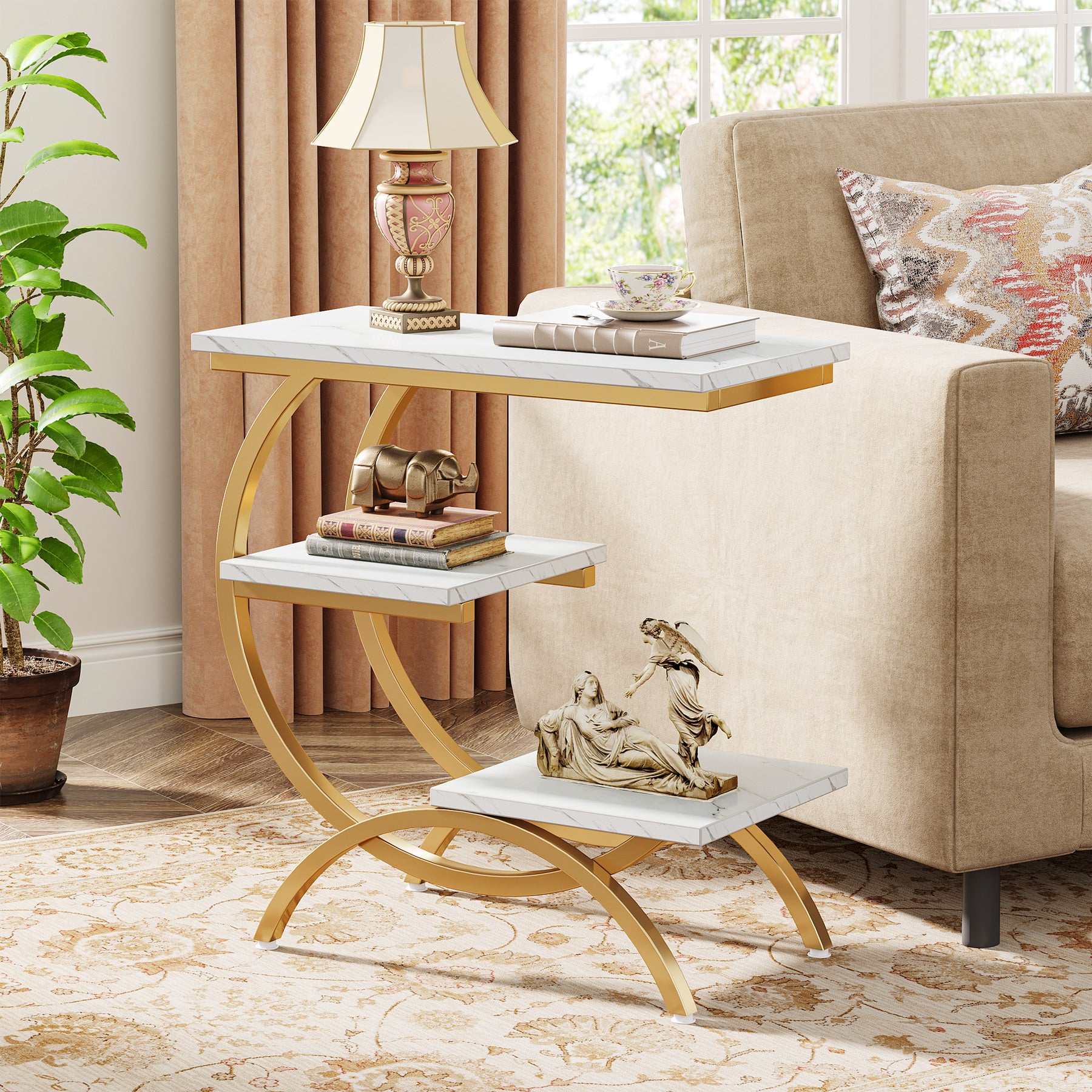 Tribesigns Tavolino laterale da divano a 3 livelli, comodino versatile con ripiani portaoggetti