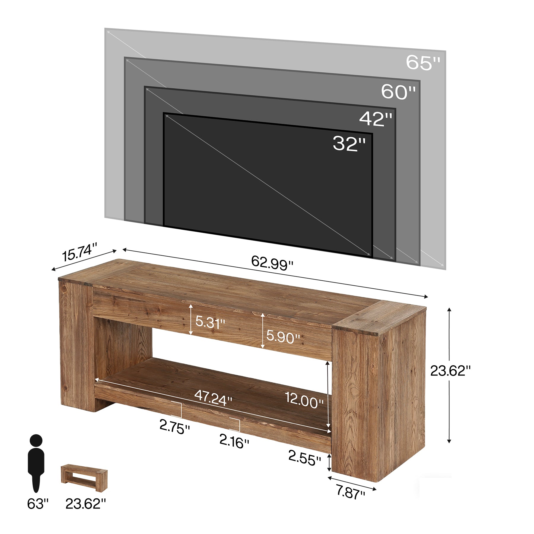 Mobile TV Rustico in Legno Massello con Vani Aperti, 160 cm, per TV fino a 75"