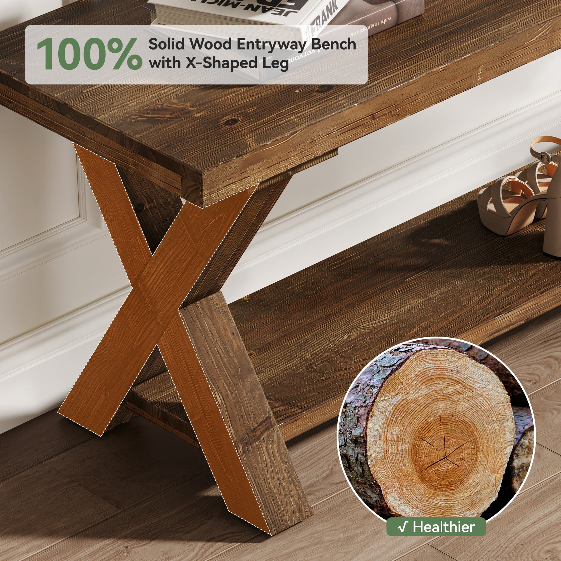 Tribesigns Panca porta scarpe in legno massello da 110 cm, Panca da ingresso in stile country