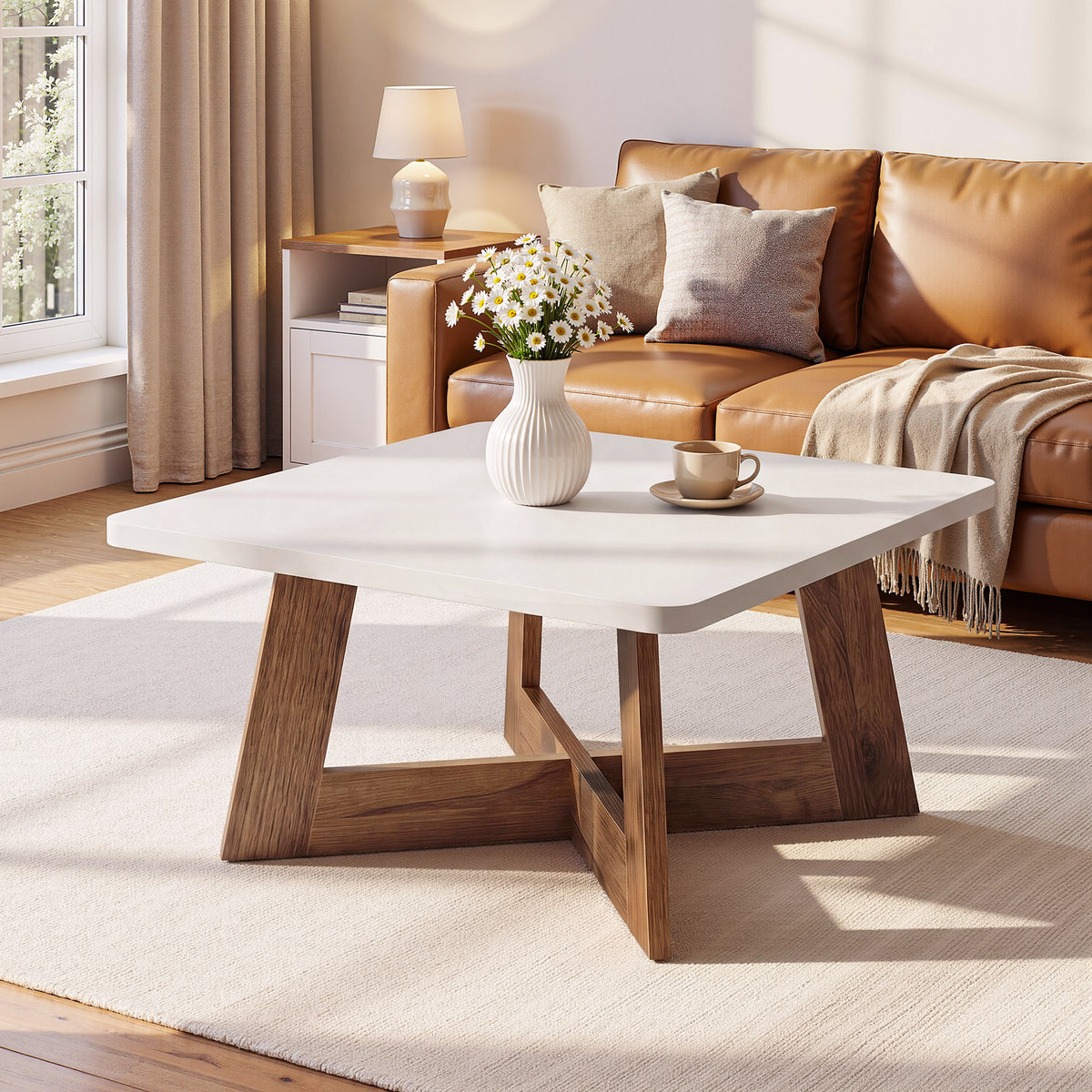 Tavolino da Salotto Quadrato Moderno Bianco con Base a Croce, 80 x 80 cm, per Soggiorno