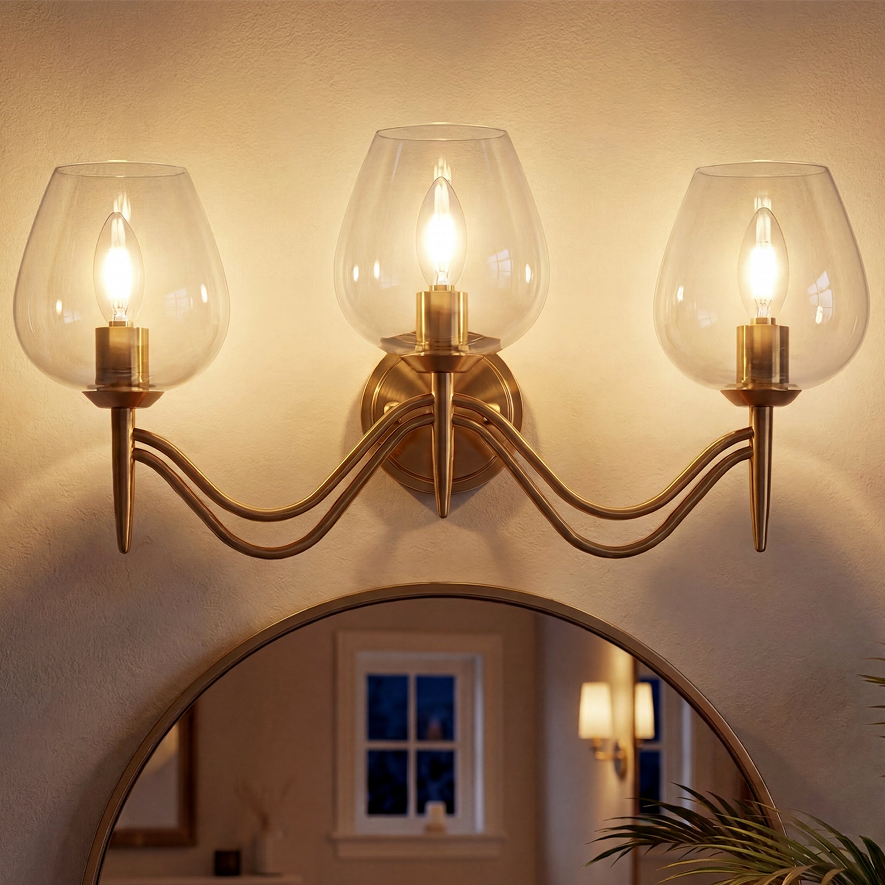 Applique da Bagno a 3 Luci E14 in Ottone con Vetro Trasparente, 58 cm, per Specchio
