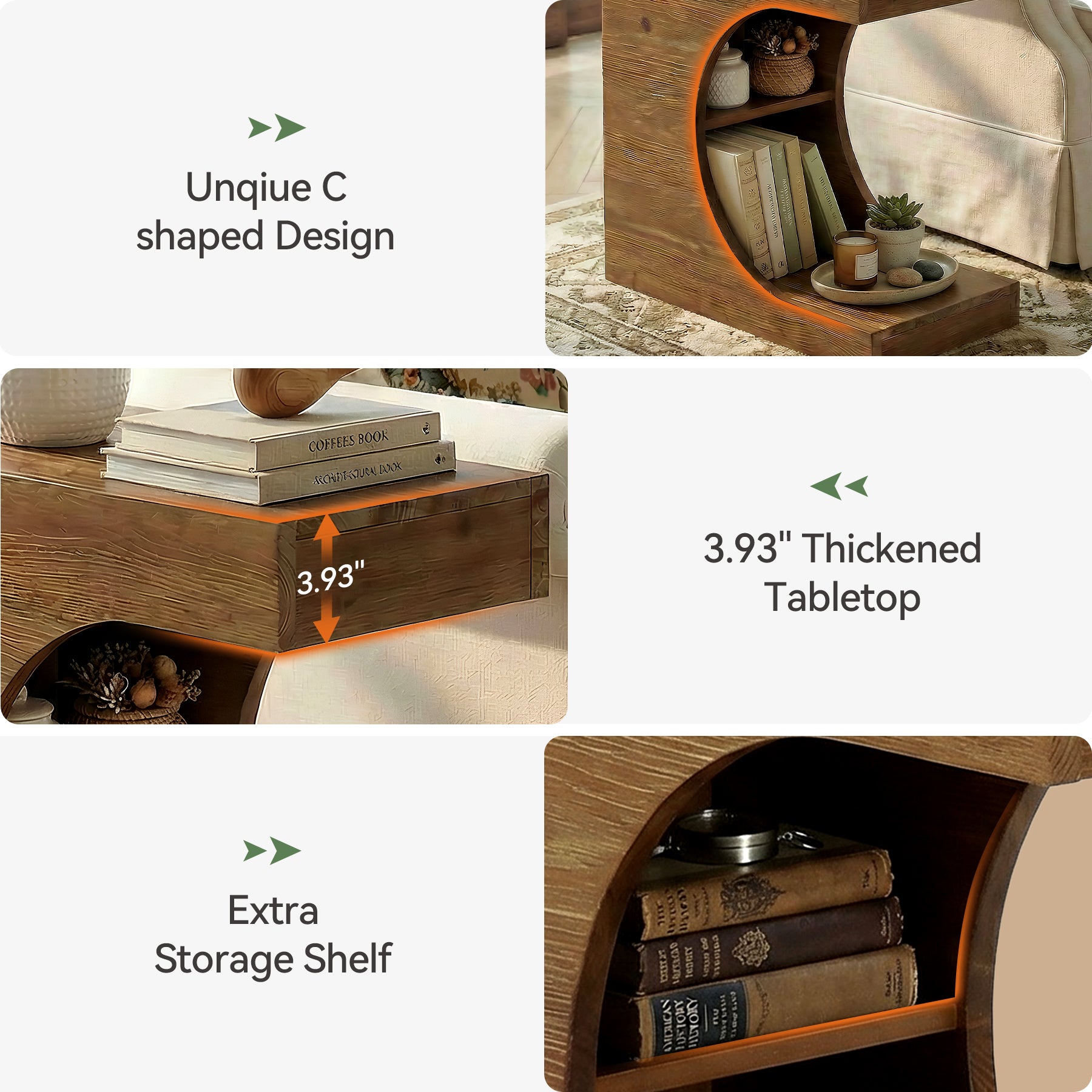 Tavolino a C in Legno Massello a 2 Ripiani, per Soggiorno e Camera da Letto