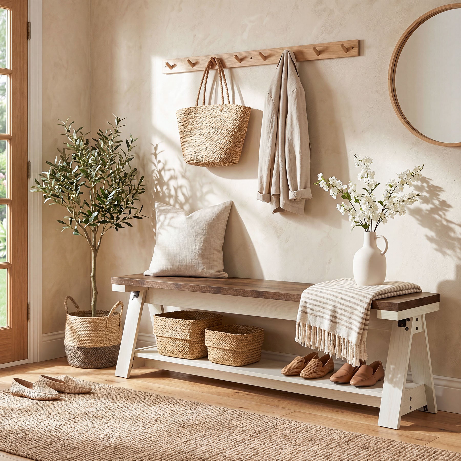 Tribesigns Panca in legno da 150 cm con ripiano, panca a due livelli per l'ingresso e panca da letto