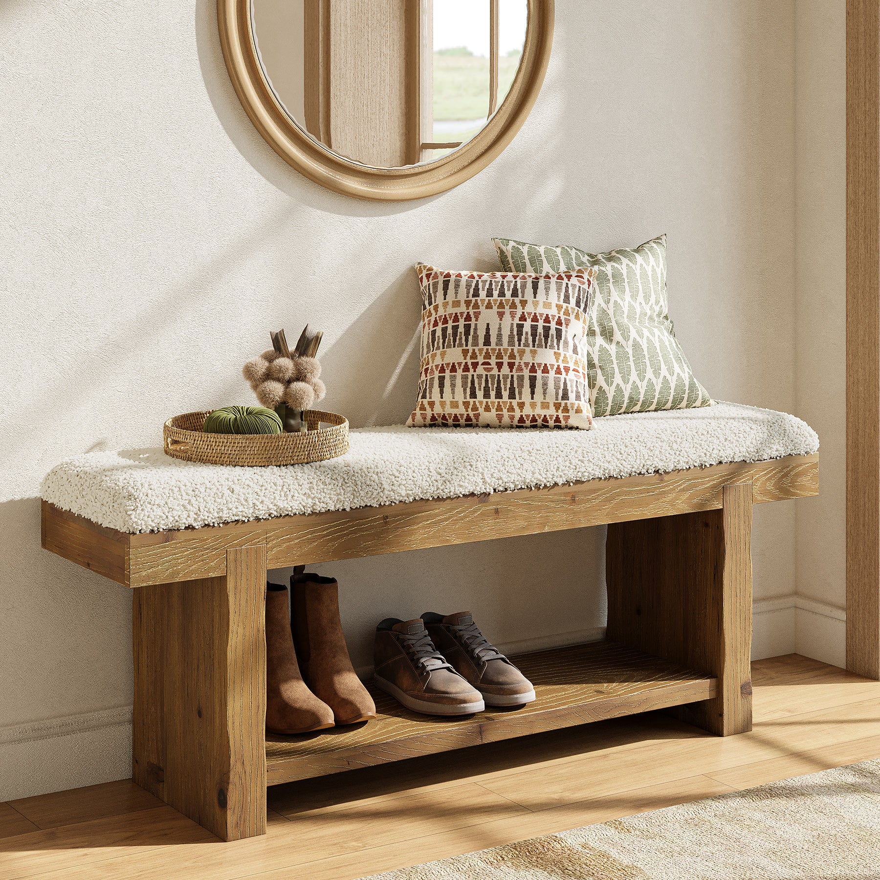 Tribesigns Panca imbottita in legno massello, 120 cm, panca da ingresso in stile rustico con vano contenitore