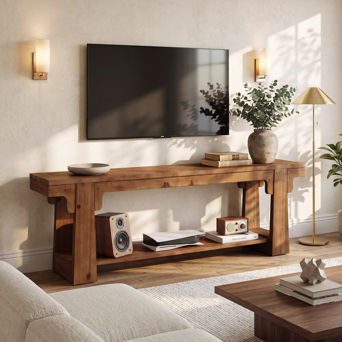 Mobile TV Country in Legno Massello con Gambe Curve ad A, 160 cm, per Soggiorno
