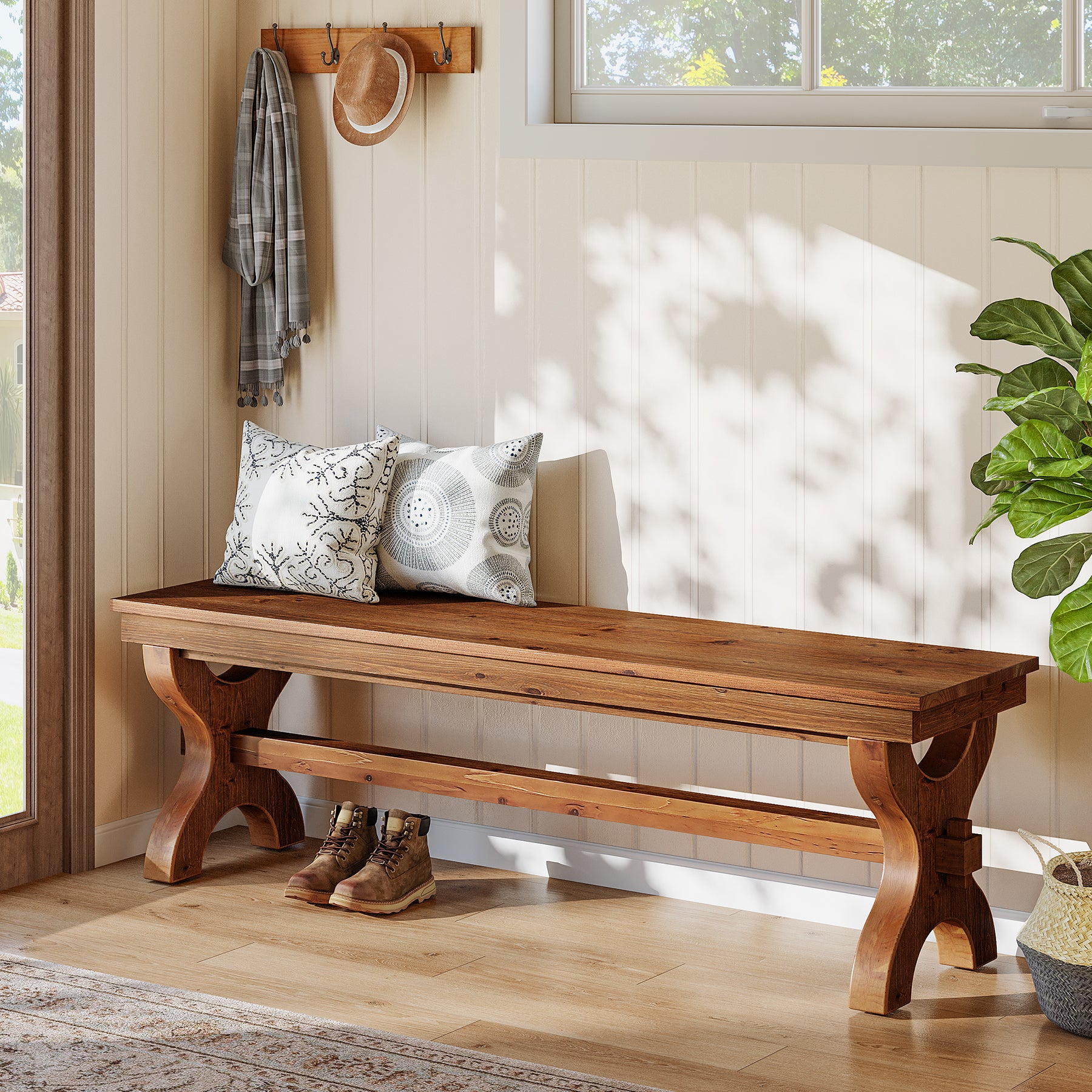 Panca Portascarpe Country in Legno Massello, 140 cm, per Ingresso e Sala da Pranzo