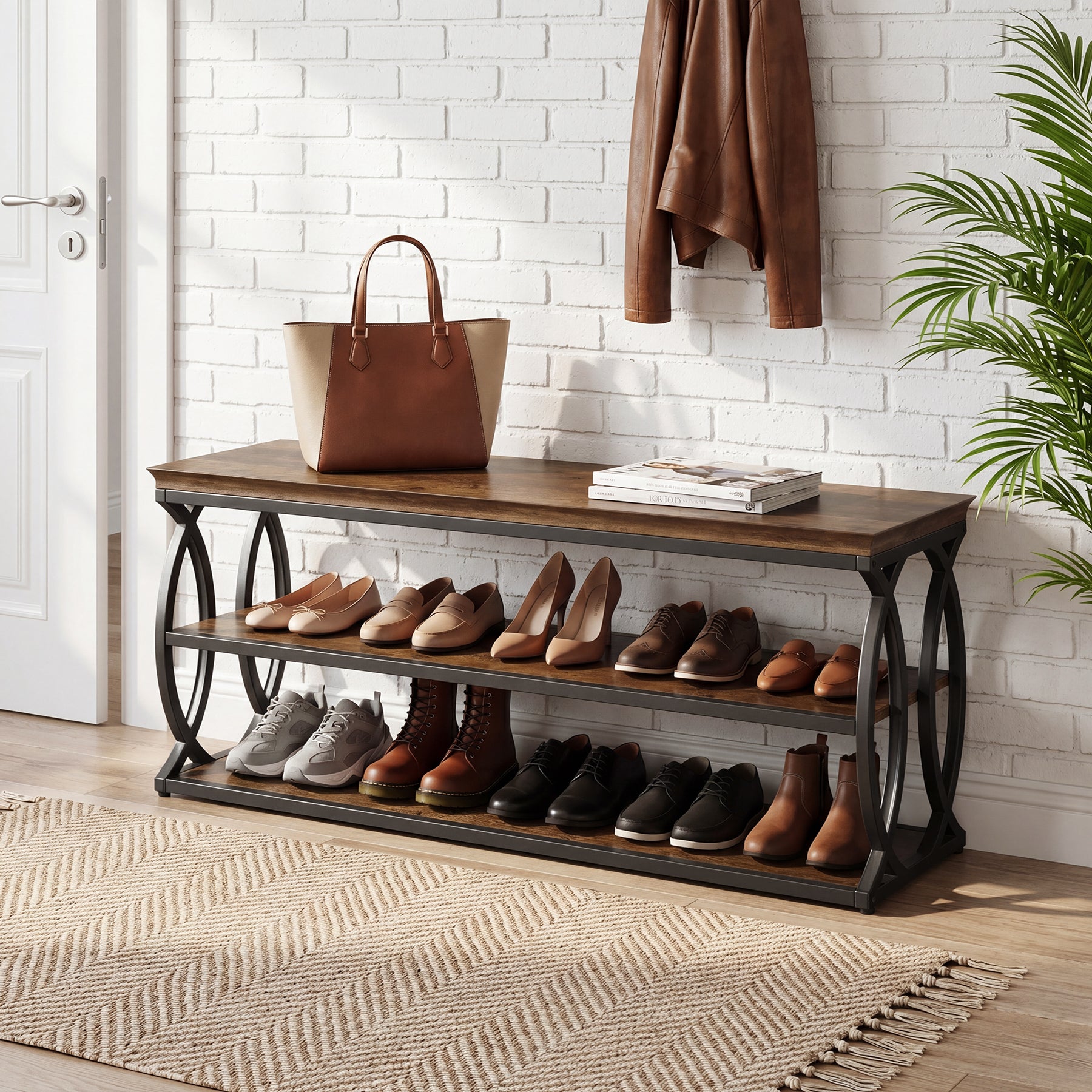 Tribesigns Panca porta scarpe da 120 cm con contenitore, scarpiera a 3 ripiani con seduta (stile industriale e rustico)