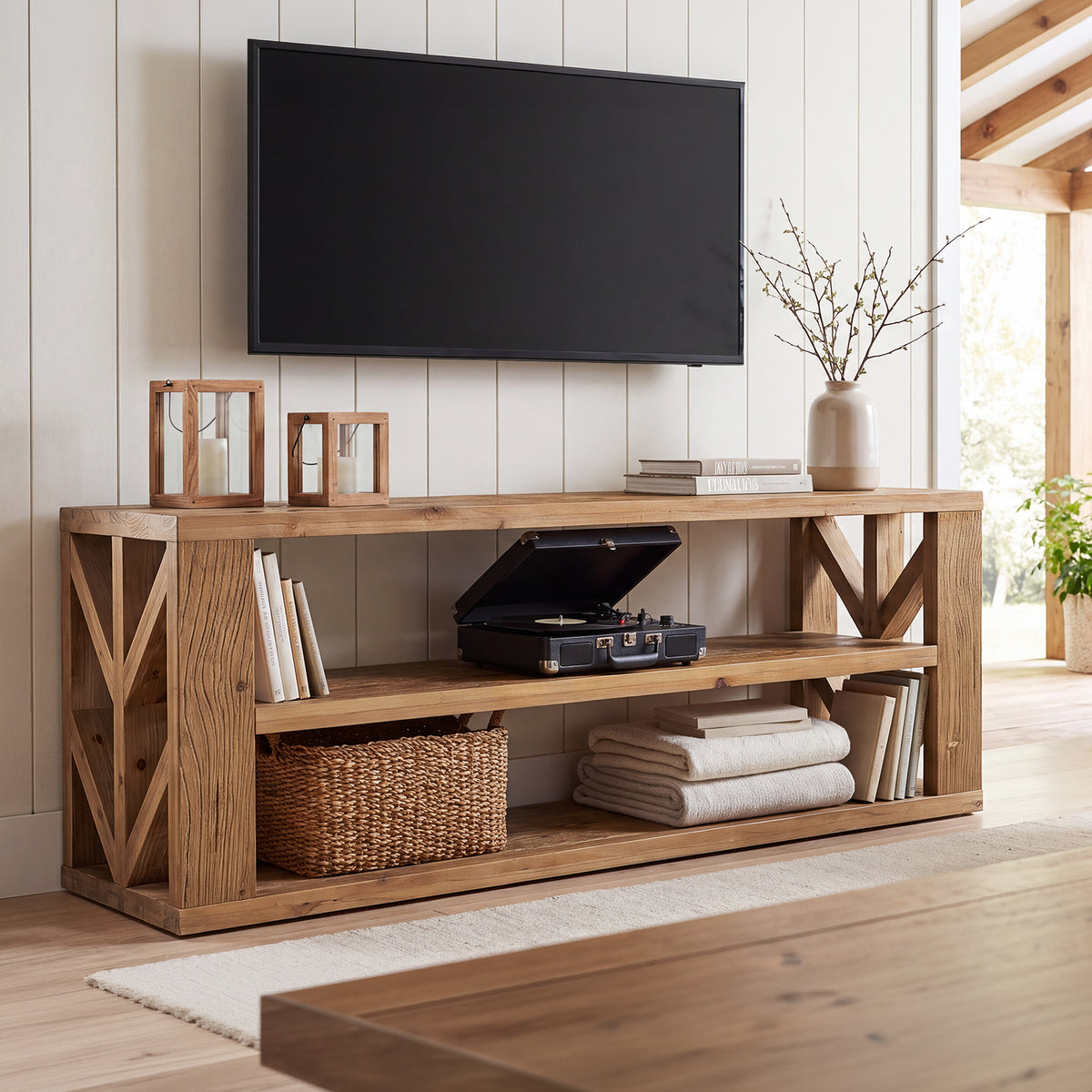 Mobile TV in Legno Massello a 3 Ripiani Aperti, 120 cm, per Soggiorno