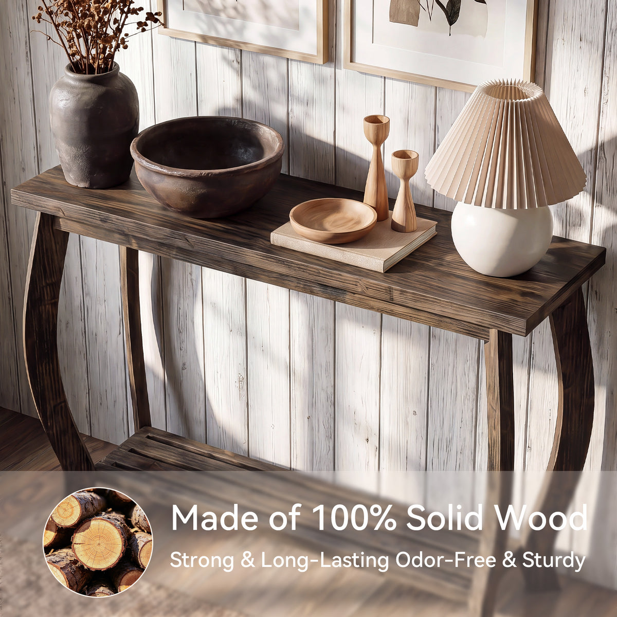 Consolle Country in Legno Massello con Gambe Curve e Ripiano, 105 cm, per Ingresso