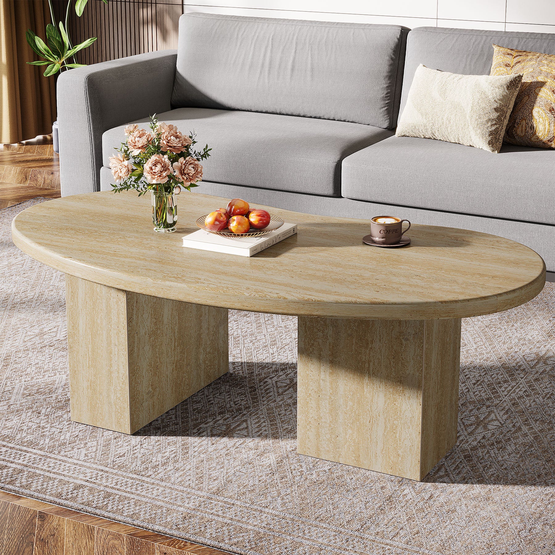 Tribesigns Tavolino da caffè da 115 cm, tavolino da cocktail centrale ovale con piedistallo asimmetrico