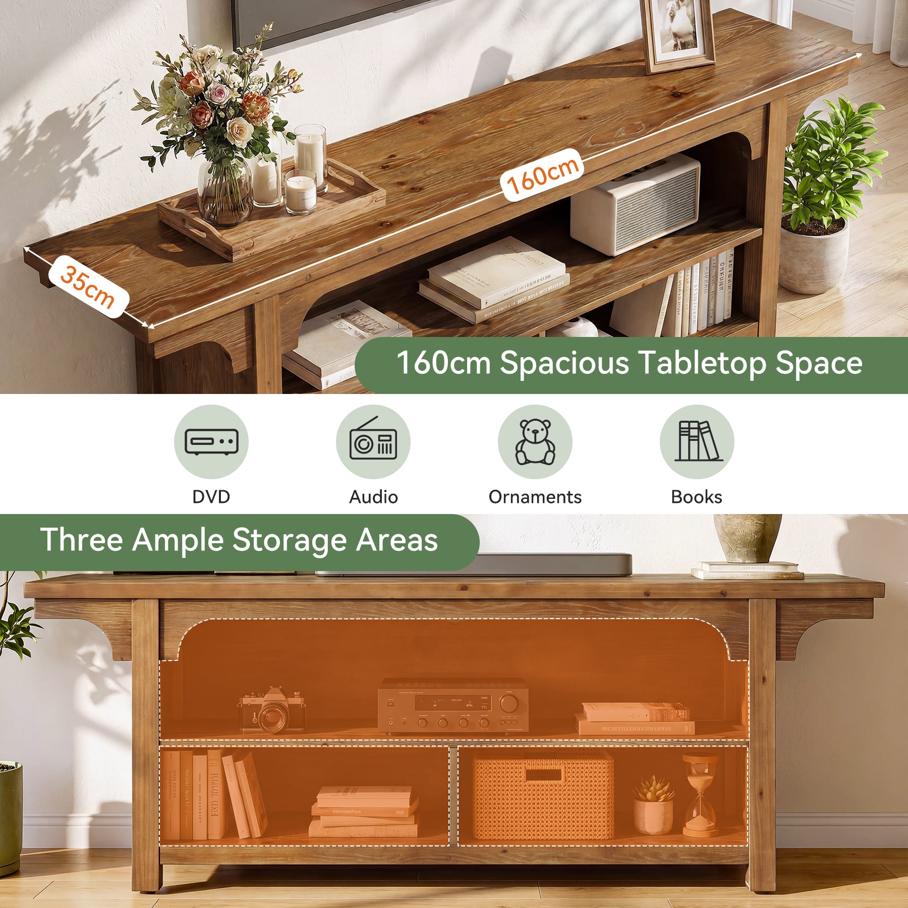 Tribesigns Mobile porta TV basso in legno massello, 160 cm, consolle multimediale per TV da 55 a 70 pollici con 3 vani a giorno