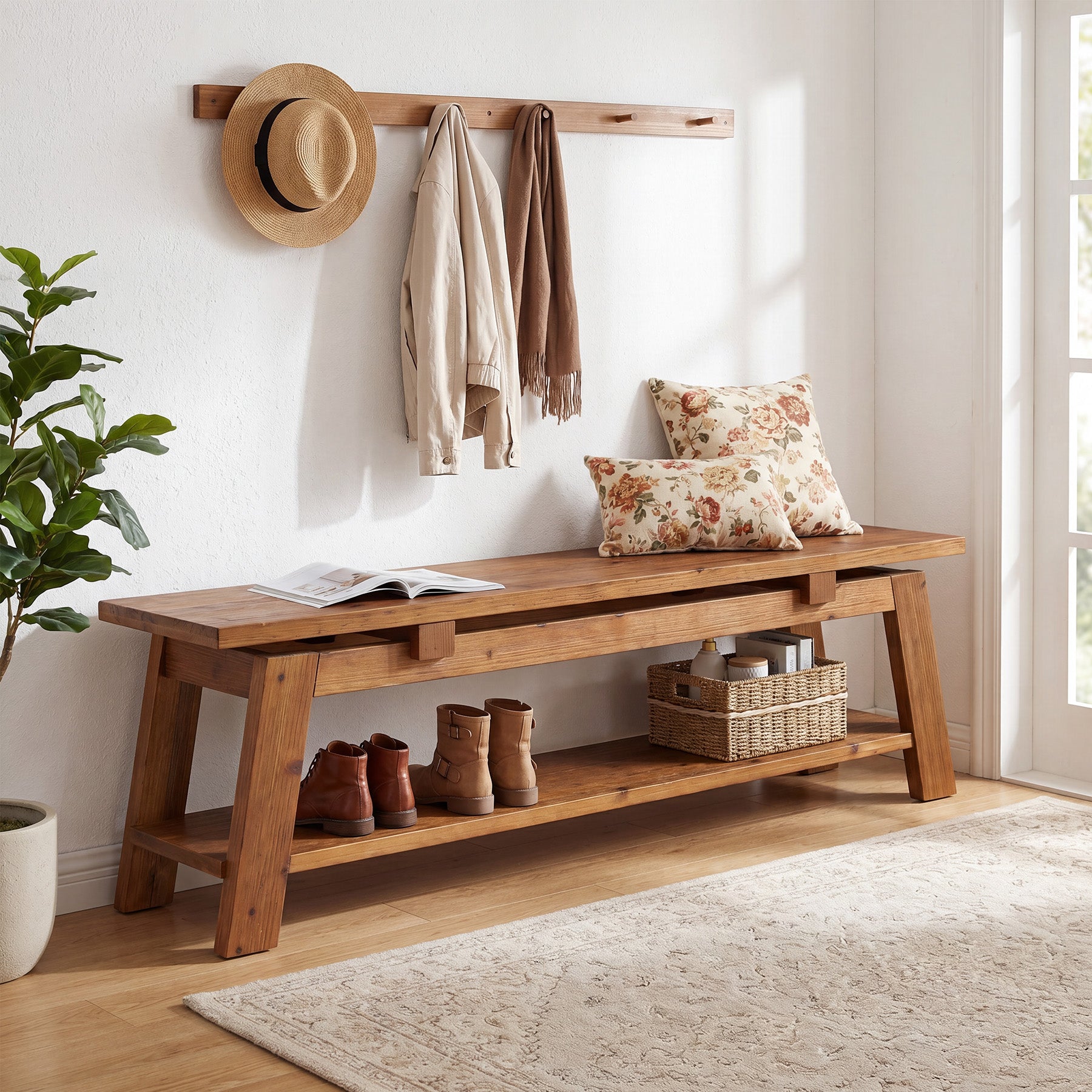 Tribesigns Panca in legno massello da 140 cm con ripiano porta scarpe, ideale per l'ingresso