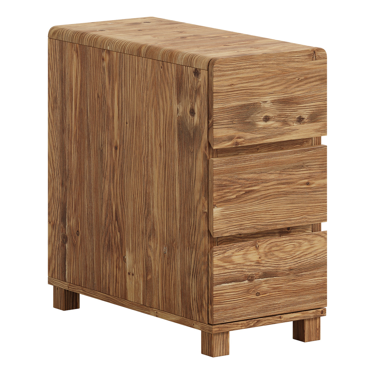 Comodino Stretto in Legno Massello con 3 Cassetti, 65 cm