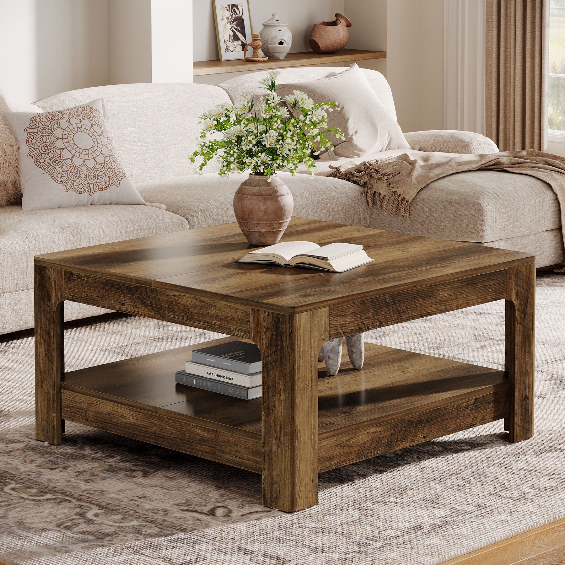 Tavolino da Salotto Country Quadrato con Ripiano, 100 x 100 cm, per Soggiorno