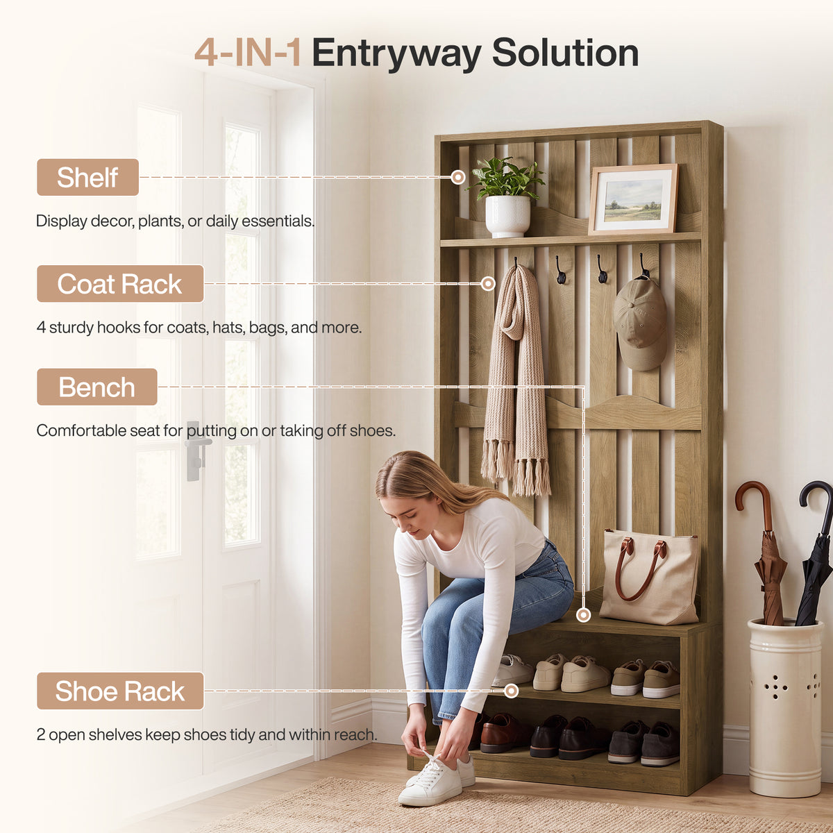Albero della Sala Country con Panca e 4 Ganci Appendiabiti, H 182 cm