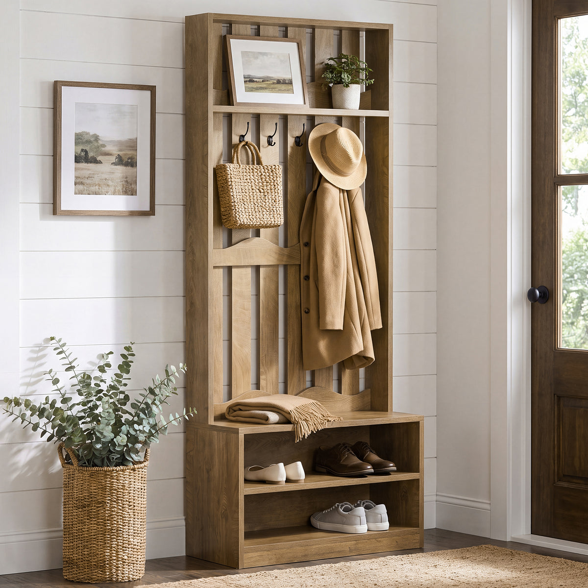 Albero della Sala Country con Panca e 4 Ganci Appendiabiti, H 182 cm
