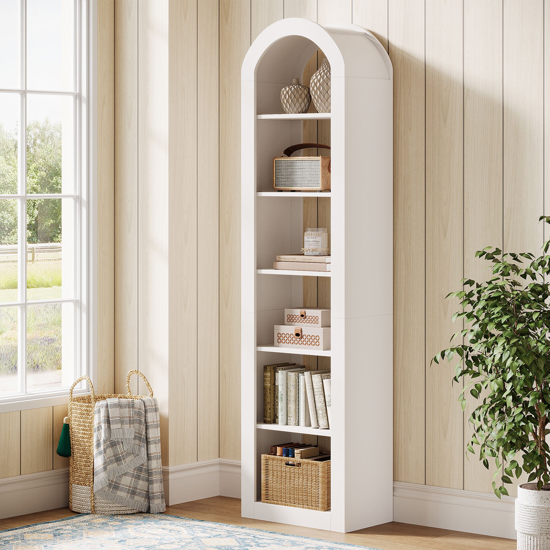 Tribesigns Libreria ad arco alta 190 cm, espositore autoportante con ripiano stretto a 6 livelli