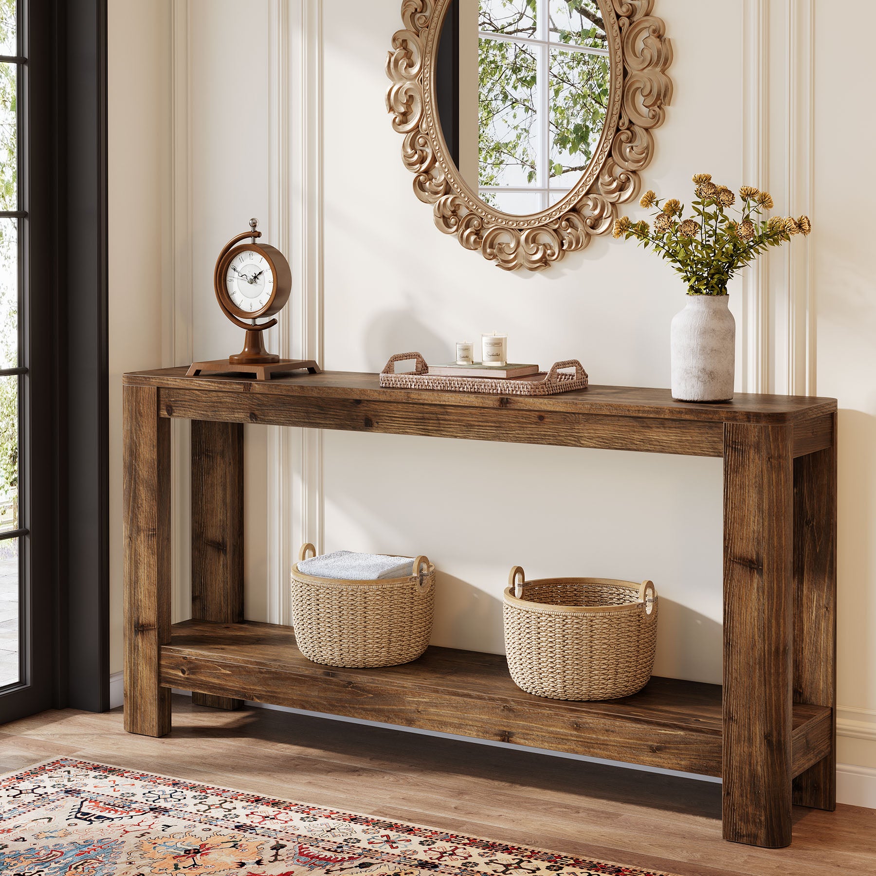 Tribesigns Consolle in legno massello da 160 cm, tavolo sottile in stile rustico per ingresso e corridoio con ripiano