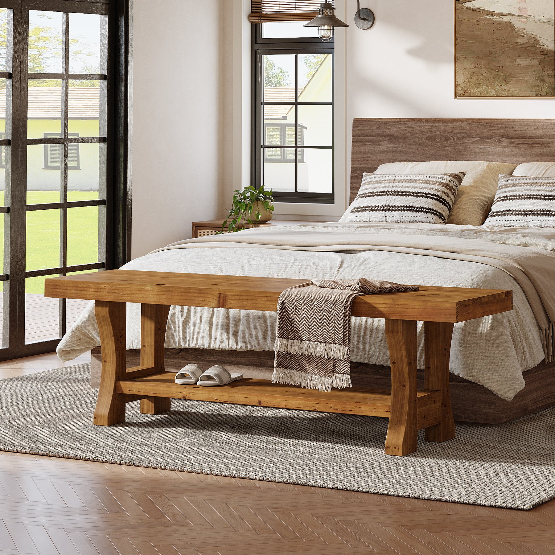 Tribesigns Panca in legno massello da 140 cm, lunga panca in stile rustico con vano portaoggetti