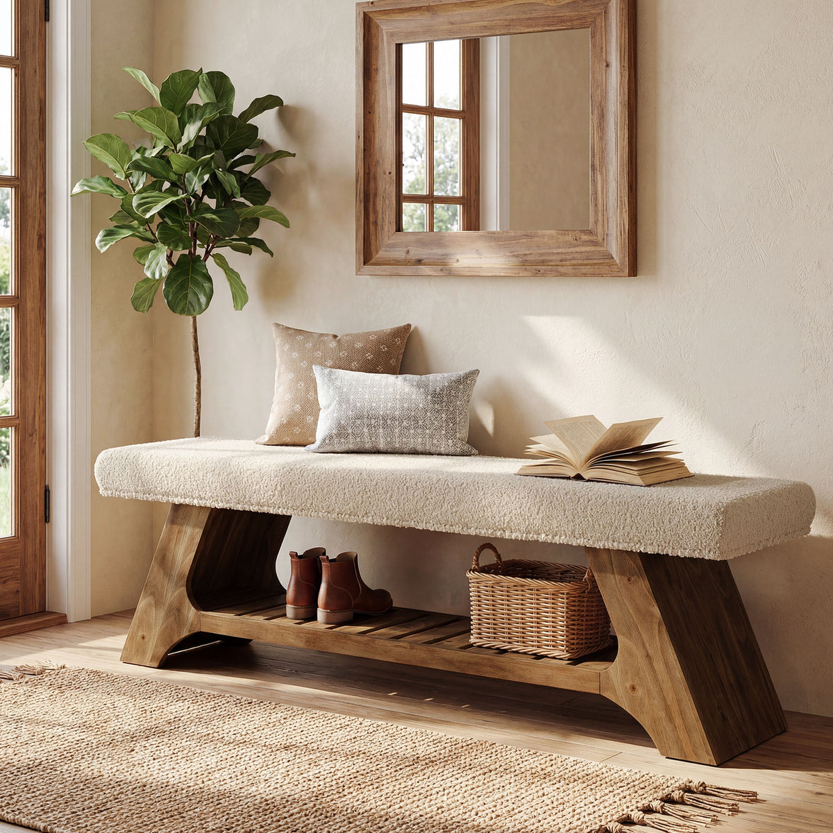 Panca Portascarpe Imbottita in Legno Massello con Cuscino, 140 cm, per Ingresso