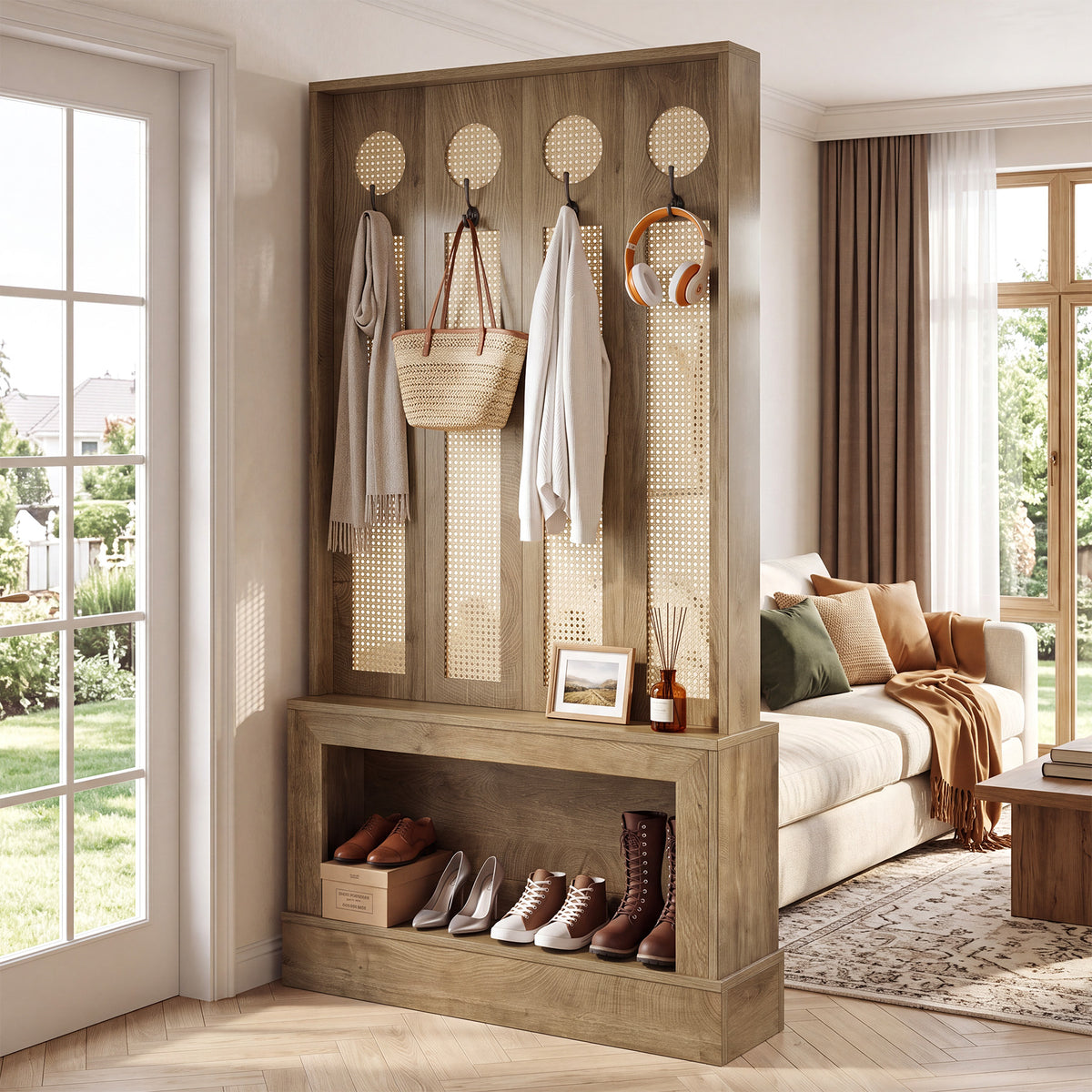Divisorio in Rattan con Luce LED, Ripiani e 4 Ganci, 177 cm, per Soggiorno