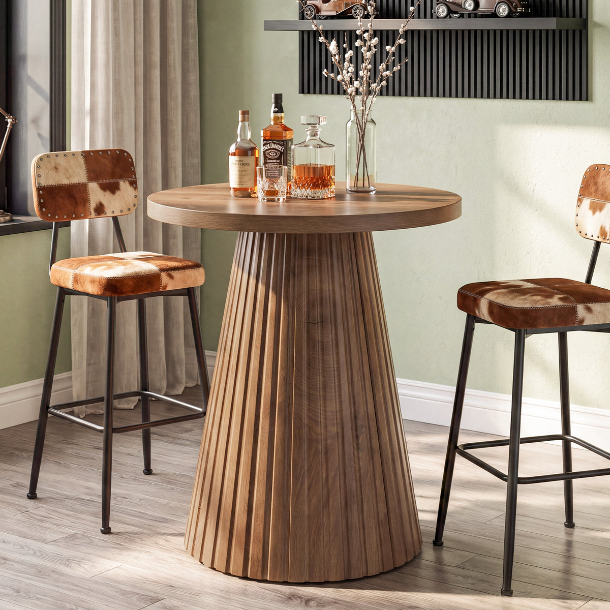 Tavolo Bistrot Rotondo Country con Base a Botte Scanalata, Ø 89 cm