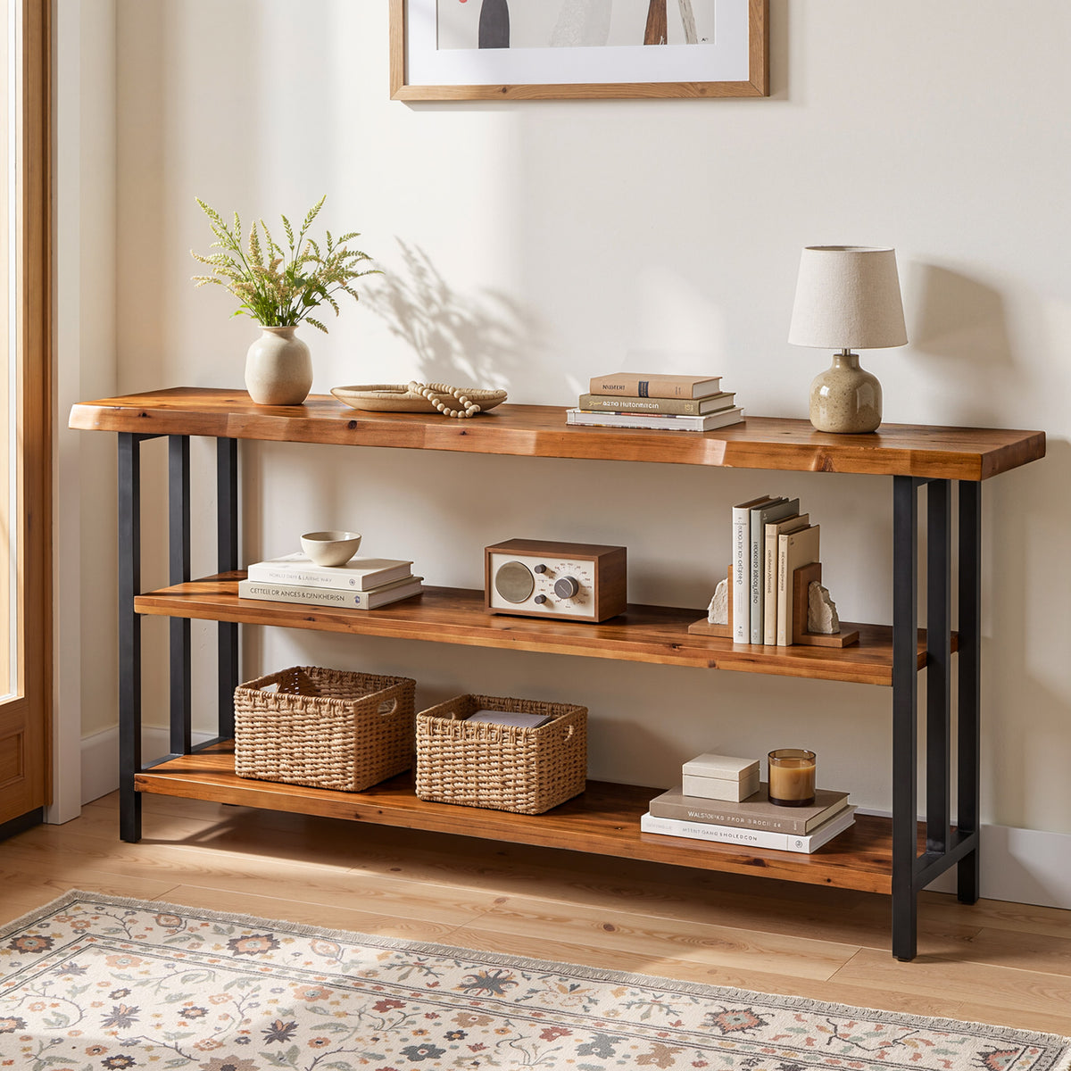 Consolle Rustica in Legno Massello con Bordo Vivo e 3 Ripiani, 160 cm, per Ingresso e Soggiorno