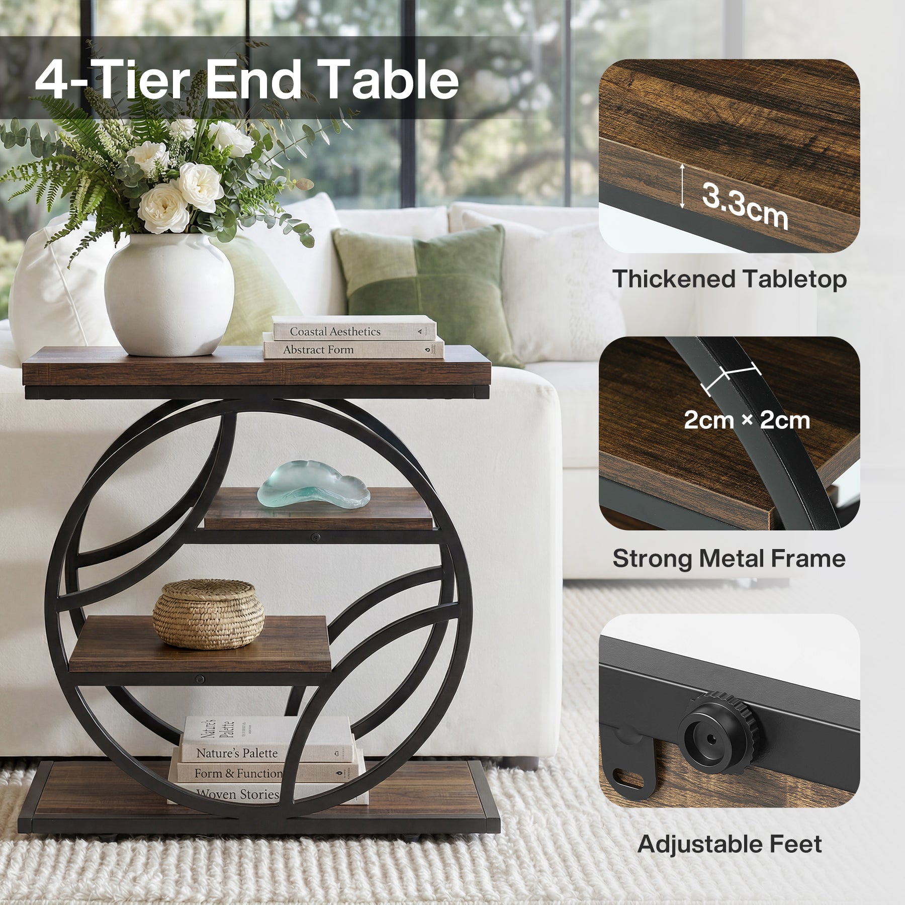 Tribesigns Tavolino laterale da 65 cm, tavolino d'appoggio industriale a 4 ripiani con struttura geometrica in metallo