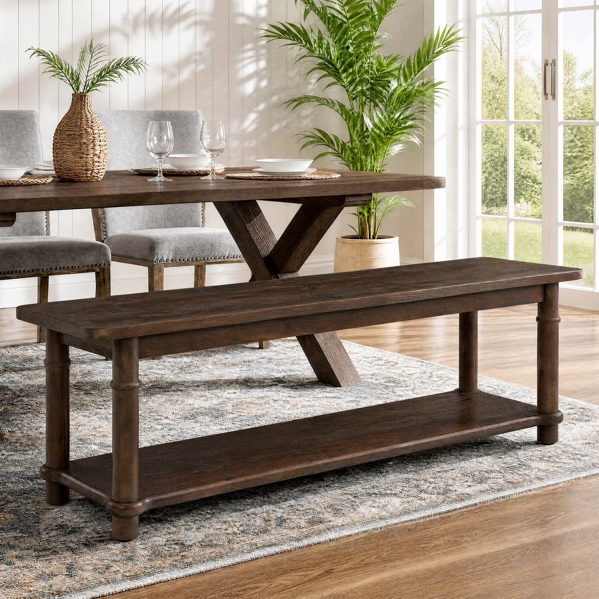 Panca Country in Legno Massello a 2 Ripiani, 140 cm, per Cucina e Sala da Pranzo