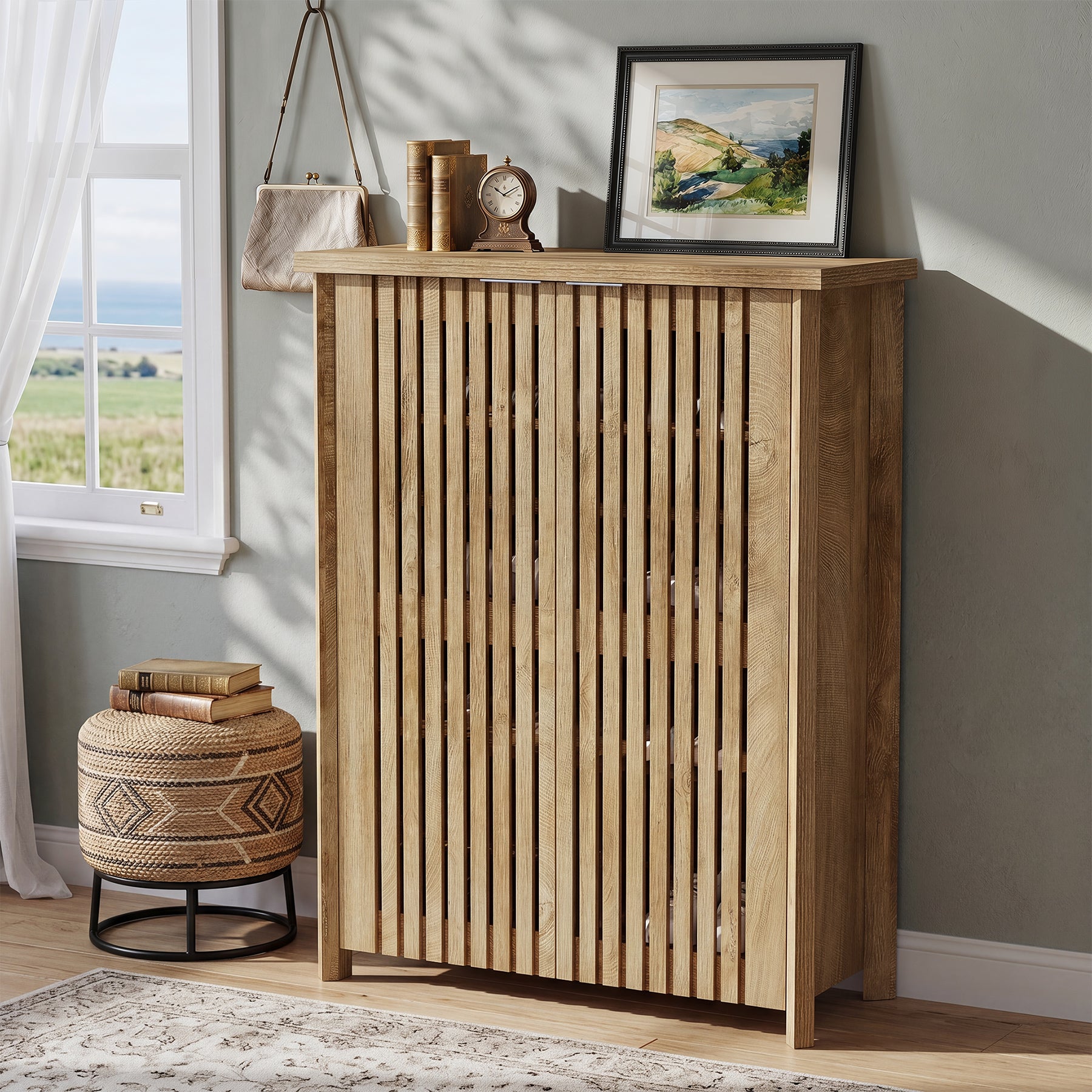 Scarpiera con 2 Ante a Listelli e 6 Ripiani, 80 x 35 x 111 cm, per Ingresso