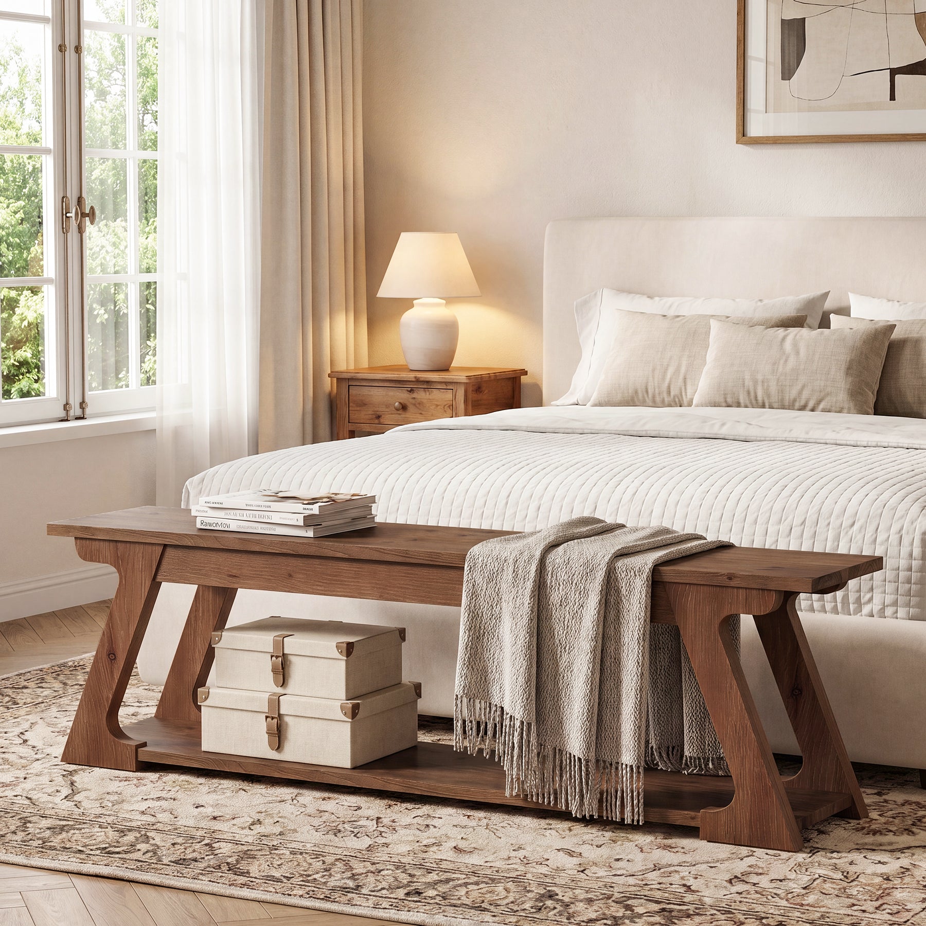 Panca da Letto Rustica in Legno Massello con Vano Contenitore, 150 cm, per Camera da Letto